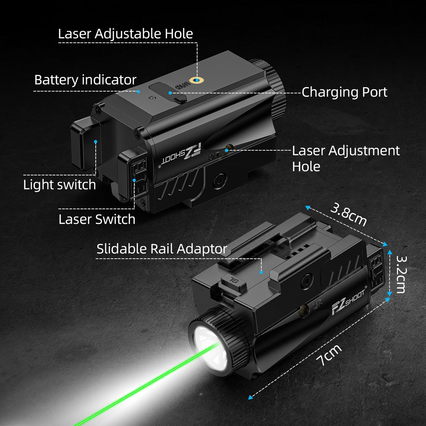 EZshoot 1000 Lumens Pistol Light Laser Combo, Rechargeable Gun Light with Green Laser Beam, Pistol Flashlight with Slid Rail Compatible with Glock and Picatinny Rail, Handgun Lights for Home Defense