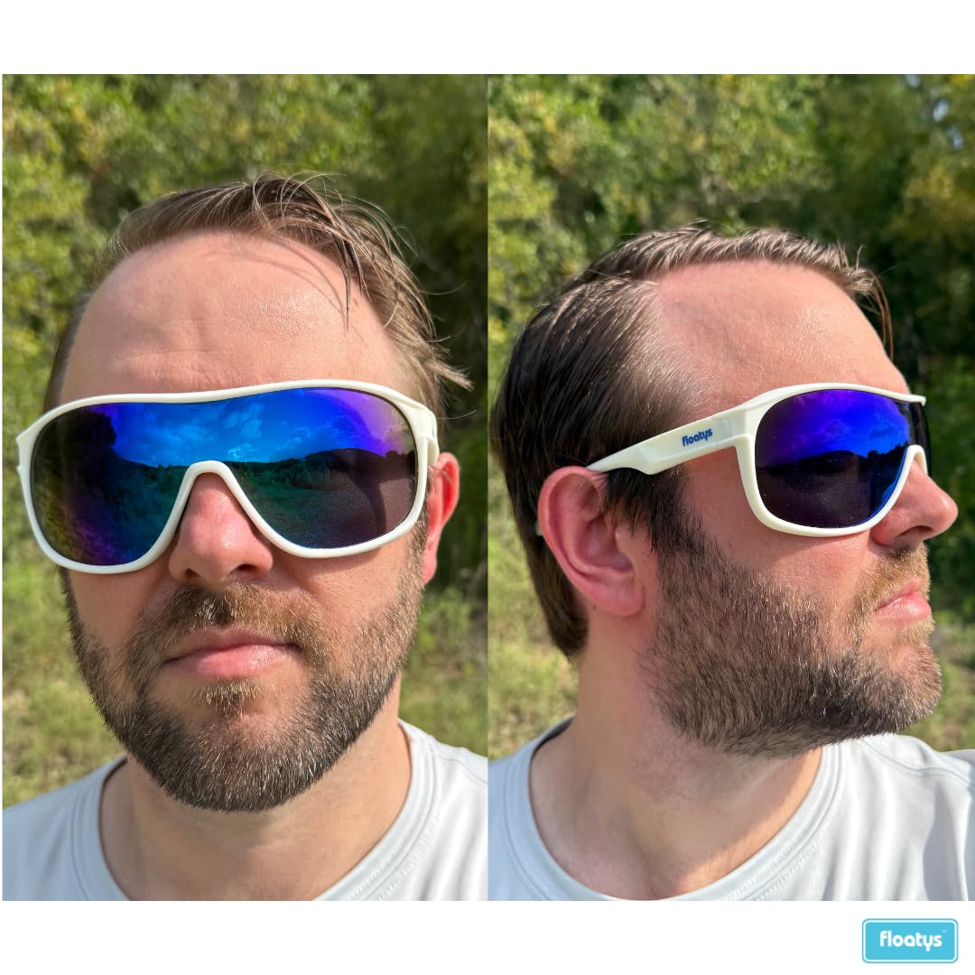 Floatys Floating Sunglasses Rubberized Rapids | Polarized Water Repelling Lenses | Sport shield wrap around | Men and Women (White Frame/Blue Mirror Lens)
