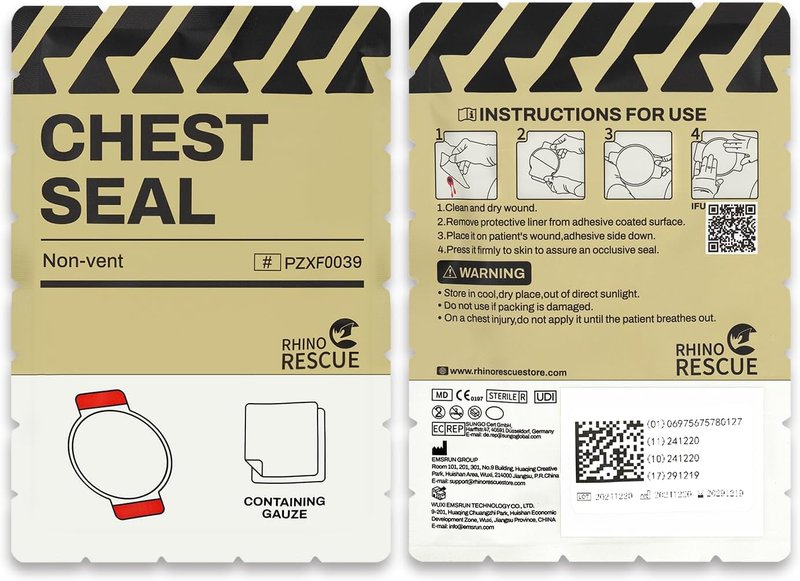 RHINO RESCUE Chest Seal - Non-Vented Sterile Trauma Dressing for Gunshot Wounds | 6 Count