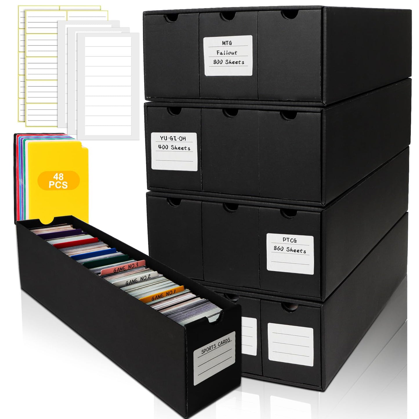 QLOUNI Trading Card Storage Box, Includes 12-600 CT Boxes & 48 Card Dividers, 12000+ Trading Card Organizer for Collectible Card Games, for TCG, MTG, PTCG, Baseball Cards, with Labels & Tapes