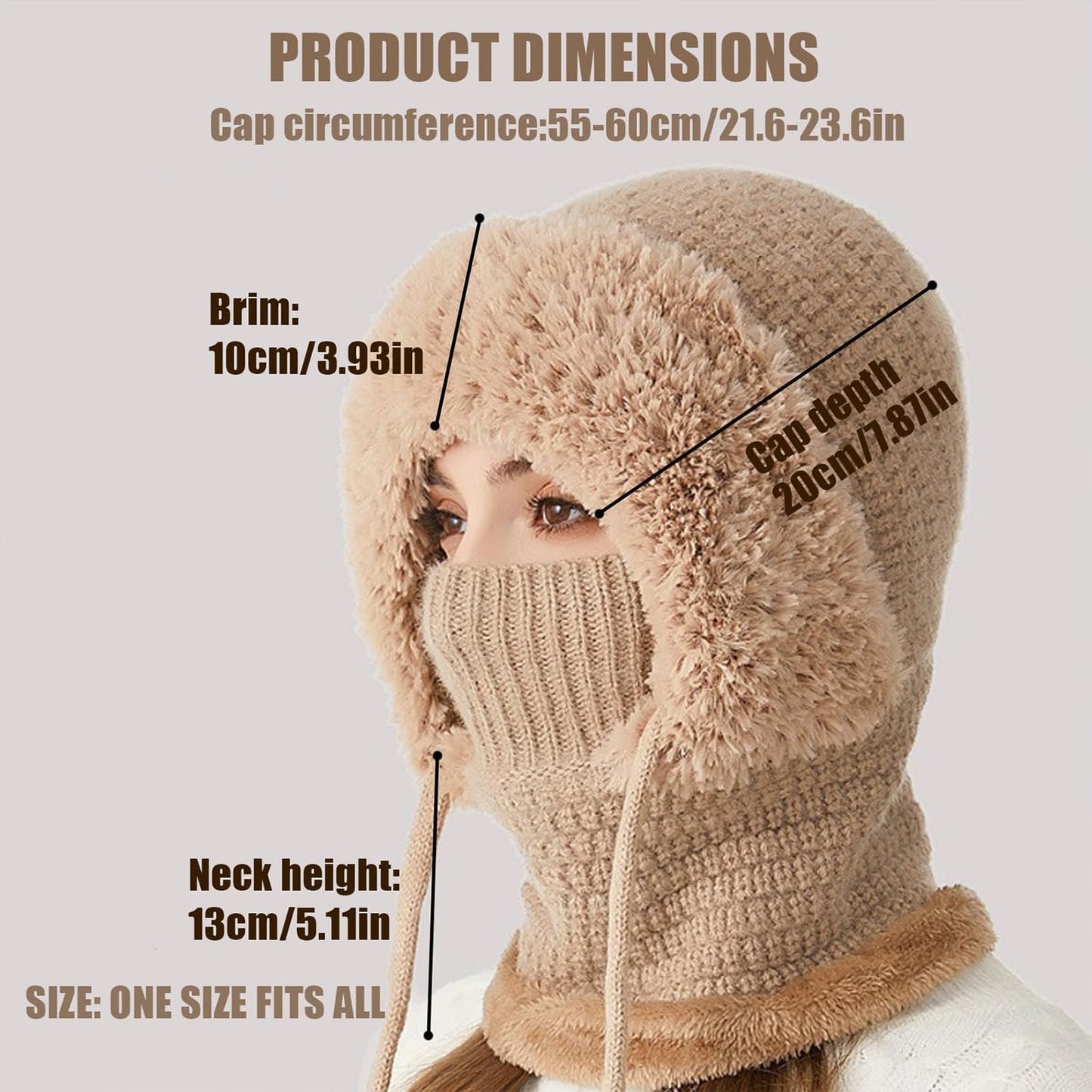 3 in 1 Beanie Hat with Scarf and Mask, Womens Balaclava Winter, Warm Knitted BeanieHat Fleece Scarf Mask Beige(Black)