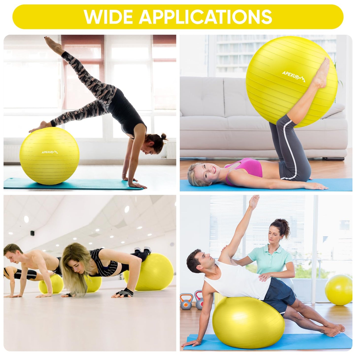 APEXUP Yoga Ball, 660 lbs Anti-Burst Exercise Ball with Pump, 5 Sizes (XXL(31"~34") 85cm, Yellow)