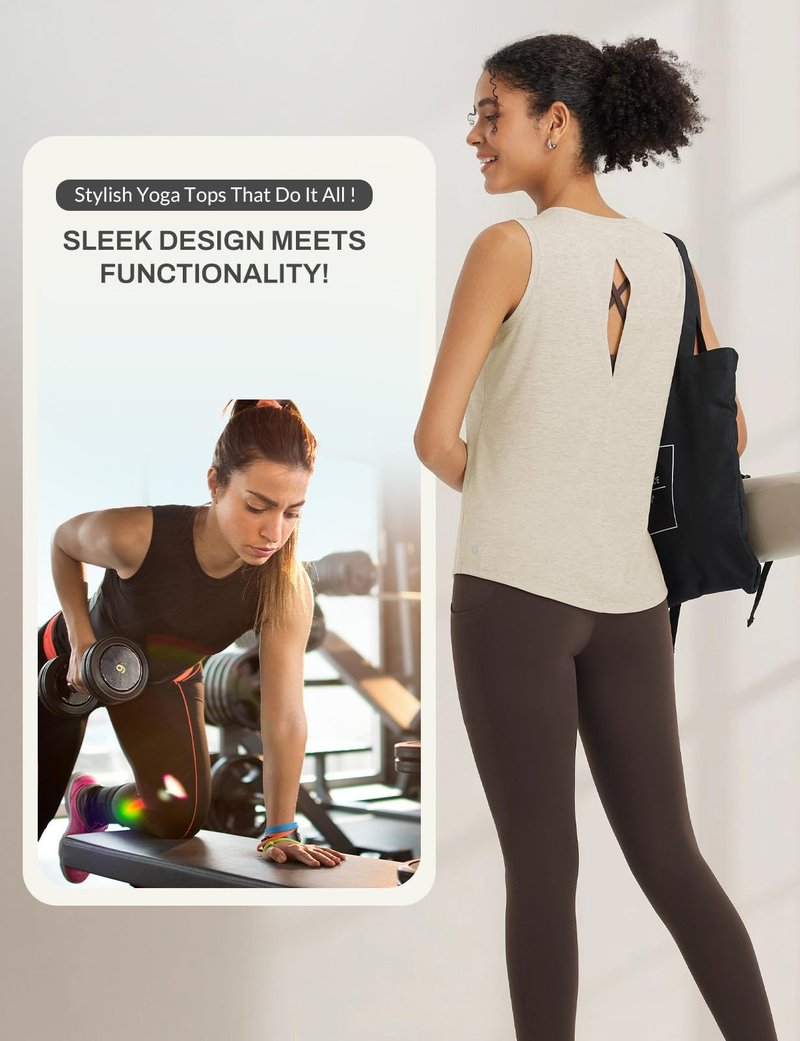 baleaf Yoga Tops for Women High Neck Open Back Workout Tank Tops Sleeveless Shirts Loose Fit Athletic Gym Heather Khaki L