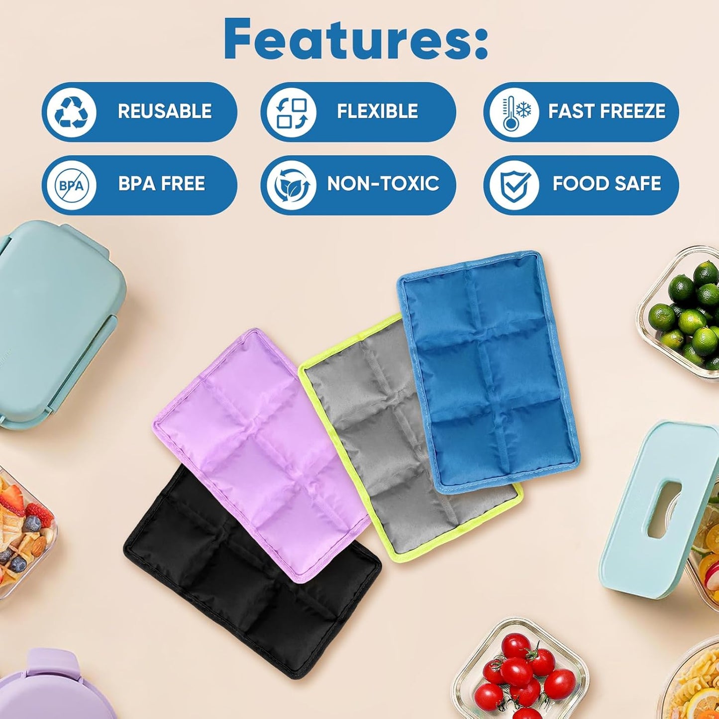 Ice Packs for Lunch Boxes & Coolers - Slim Reusable Space-Saving Design | Multi-Colored Non-Toxic (6"x4"x0.7")
