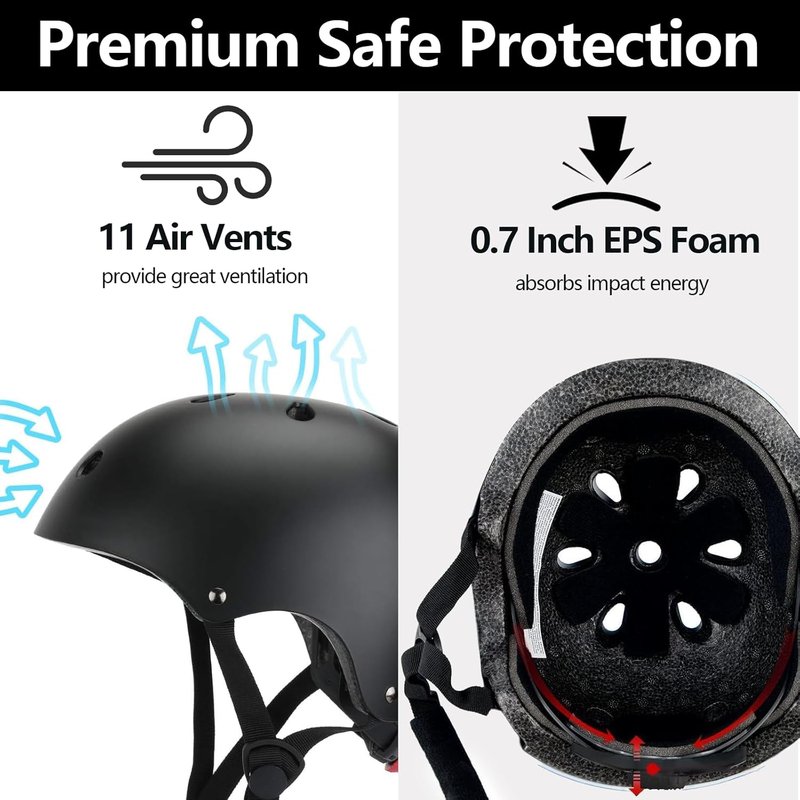 Kids Bike Helmet Set - CPSC Certified Protective Gear with Knee, Elbow, and Wrist Pads | Adjustable Black Helmet for Ages 2-8