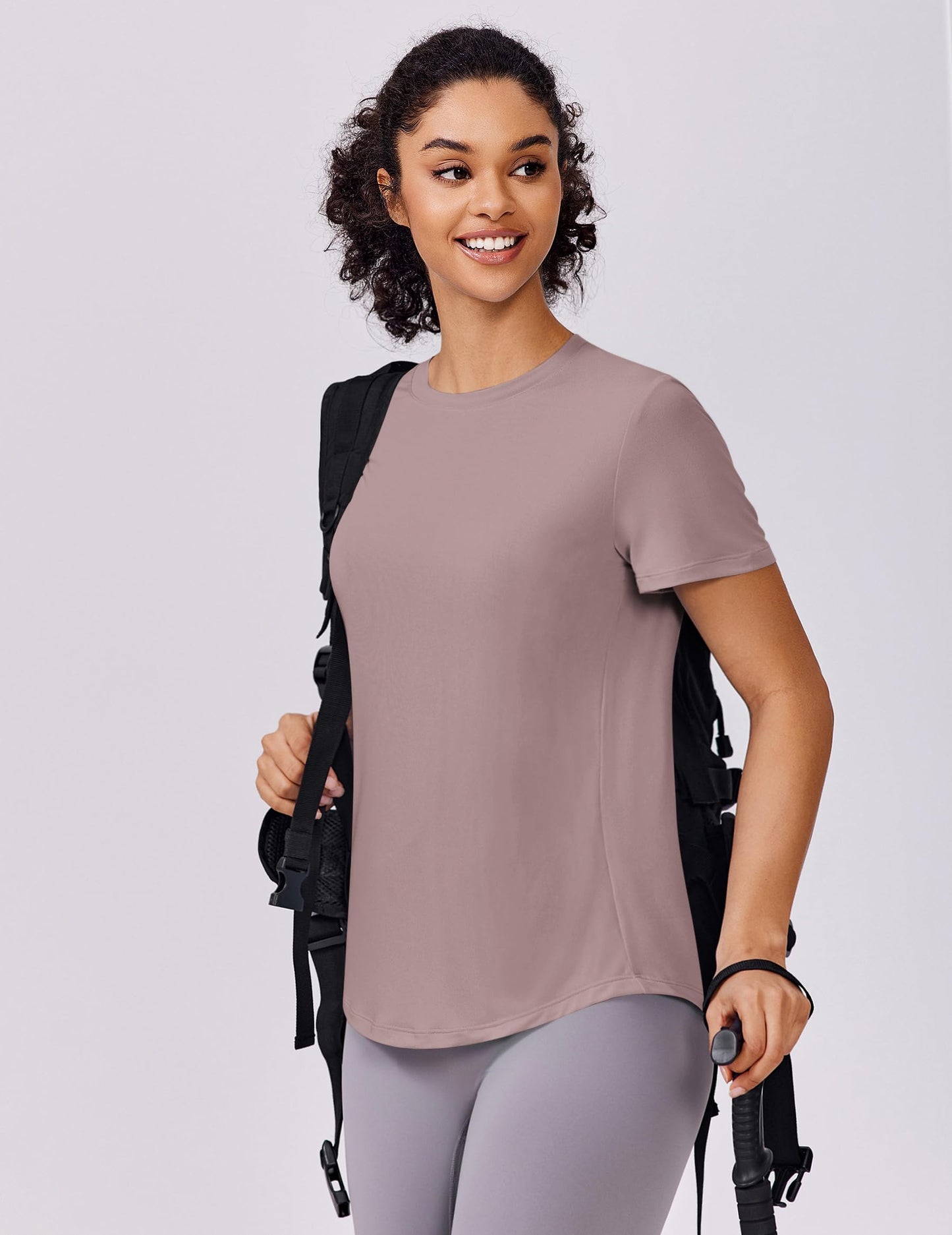 PINSPARK Soft Quick Dry Womens Workout Tops UPF 50+ Sun Shirt Short Sleeve Crew Neck Athletic Shirts for Casual Running Yoga Travel,Warm Tan X-Large