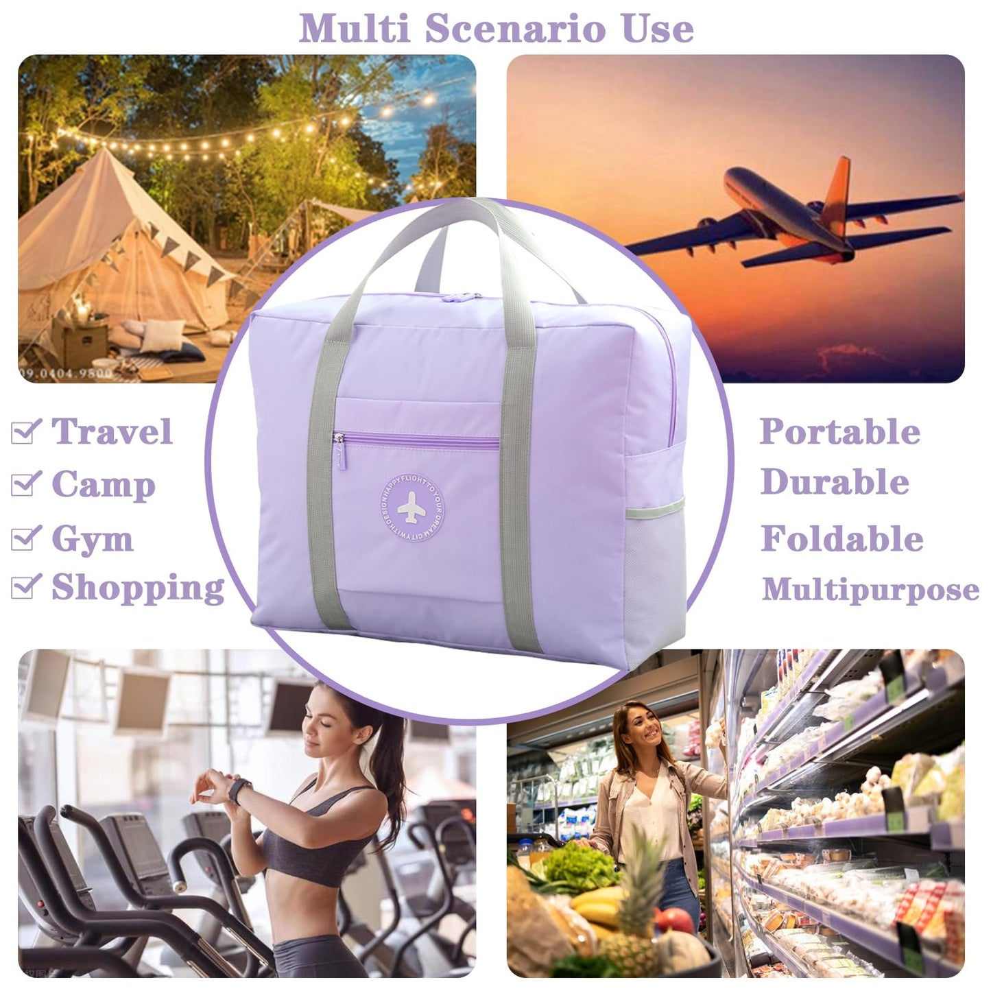 Travel Bag for Women Foldable Duffle Bag Spirit Airlines Personal Item Carry On Tote Lightweight Sports Gym Tote Weekender Overnight Bag (Purple)