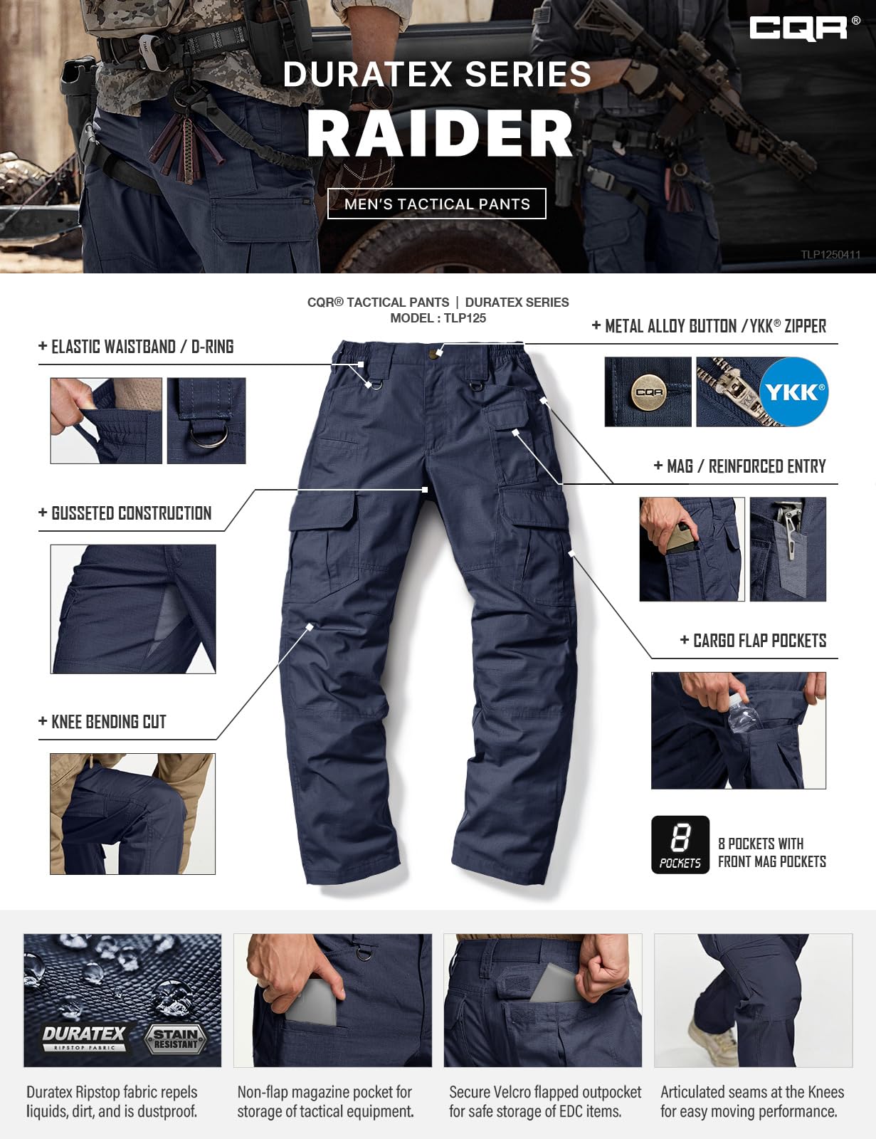 CQR Men's Tactical Pants, Water Resistant Ripstop Cargo Pants, Lightweight EDC Work Hiking Pants, Outdoor Apparel, Duratex Mag Pocket Police Navy, 38W x 30L