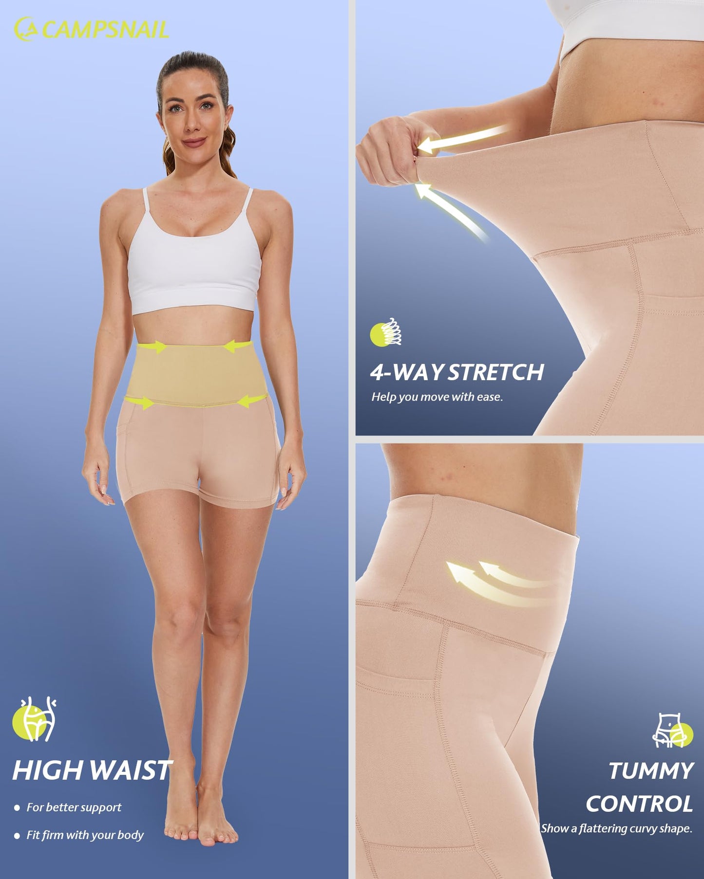 CAMPSNAIL Biker Shorts Women with Pockets - 3"/5"/8" High Waisted Workout Spandex Tummy Control Gym Running Yoga Shorts Nude