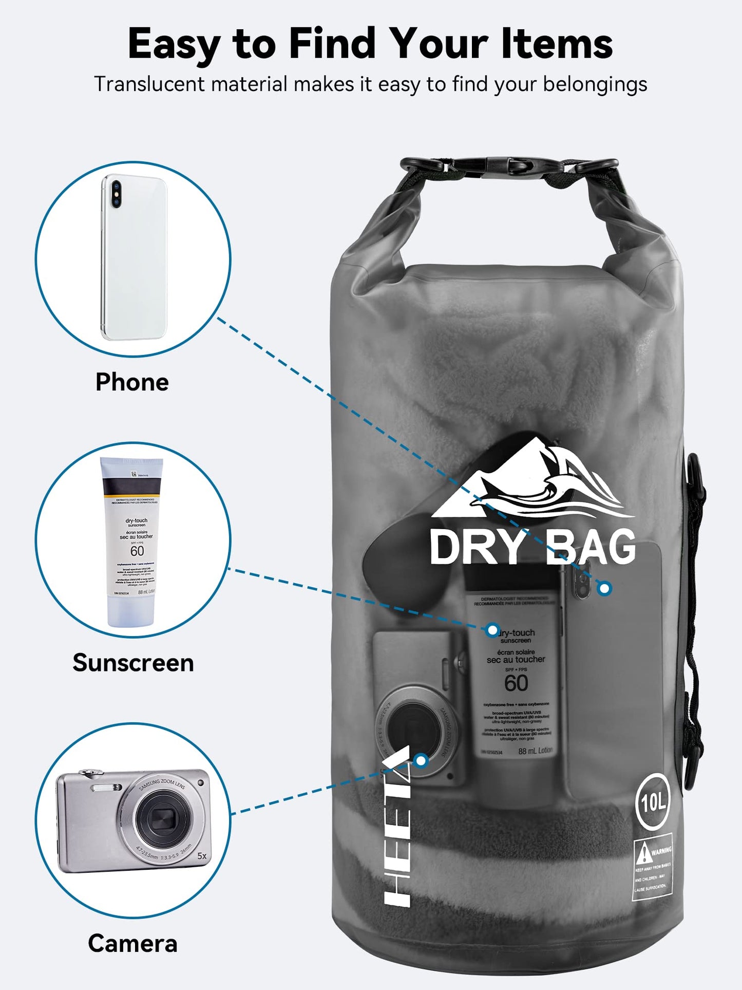 HEETA Dry Bag Waterproof for Women Men, Roll Top Lightweight Dry Storage Bag Backpack with Phone Case for Travel Swimming Boating Kayaking Paddle Board Camping Beach Accessories(Transparent Black,10L)