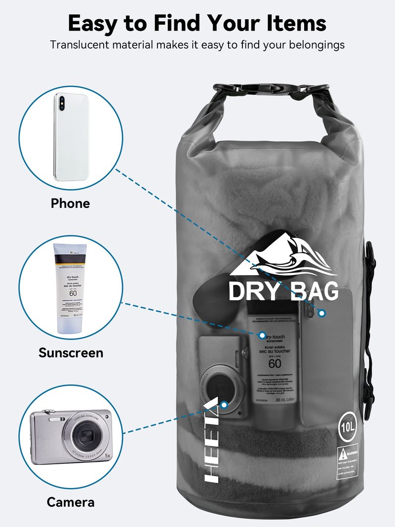 HEETA Dry Bag Waterproof for Women Men, Roll Top Lightweight Dry Storage Bag Backpack with Phone Case for Travel Swimming Boating Kayaking Paddle Board Camping Beach Accessories(Transparent Black,10L)