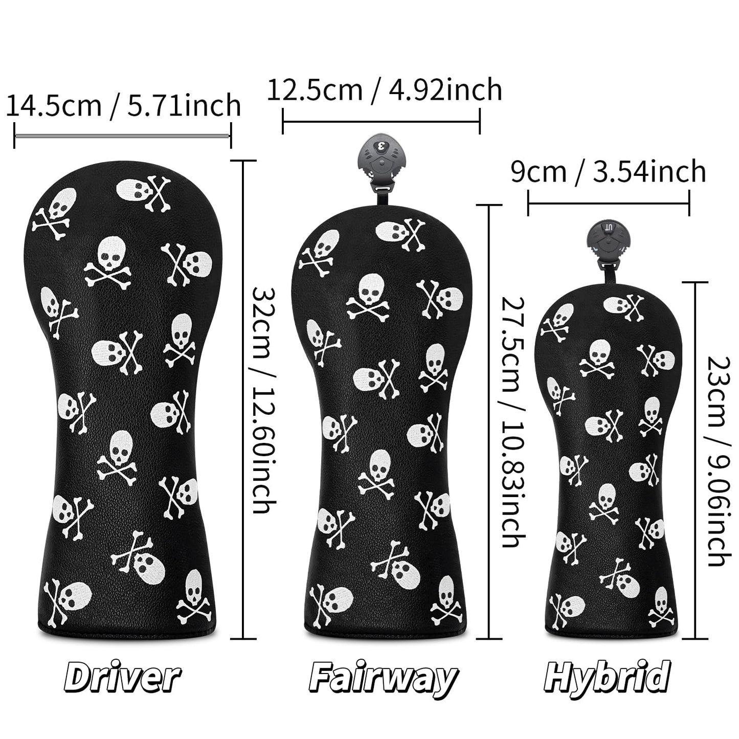 Golf Head Cover Golf Club Black Little Skull Golf Covers PU Headcovers Set Fits Driver Fairway Hybrid Woods Iron Wedge Headcover. (Hybrid)