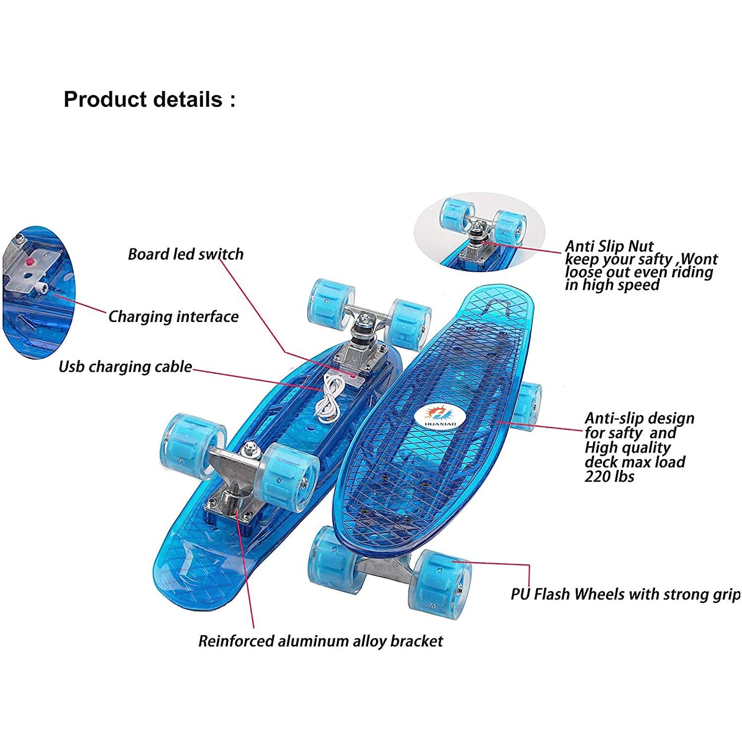 HUAXIAO 22 Inch Skateboard- with Led Light Up Wheels for Beginners,Complete Mini Cruiser Retro Skateboard for Kid,Smooth Riding,Durable Polypropylene with Pu Wheels