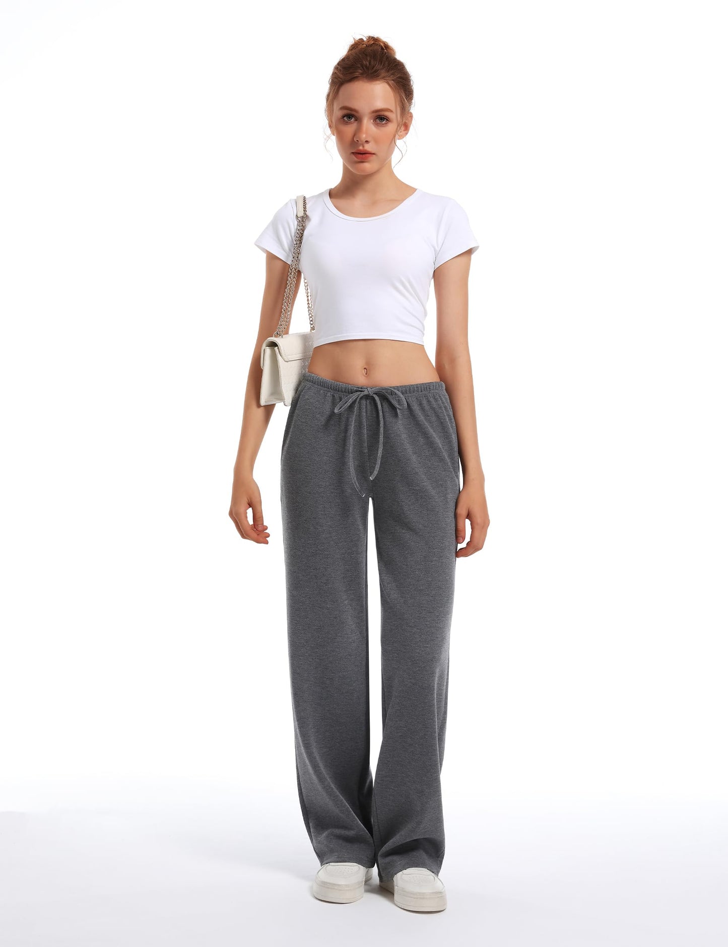 HeSaYep Women's Wide Leg Sweatpants Straight Leg Lowrise Sweat Pants Drawstring Elastic Low Waist Pants with Pockets, Dark Grey S