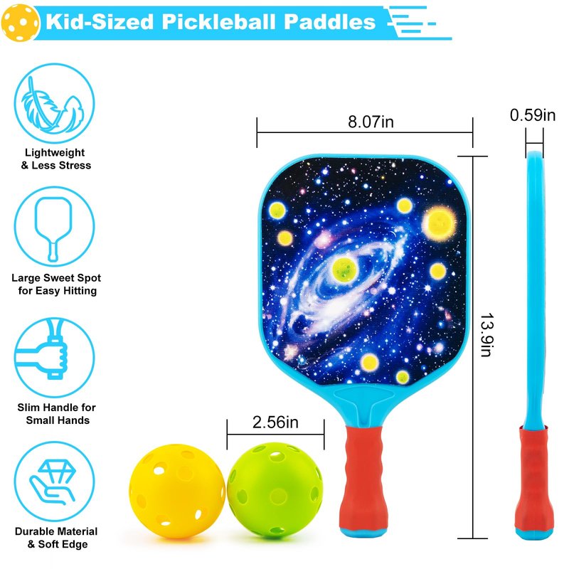 Foayex Kids Pickleball Paddles Set of 2, Outdoor Toys Beach Games, Lightweight Child-Size Pickleball Set Sports Gifts for Boys & Girls 4 5 6 7 8 Year Old - Galaxy