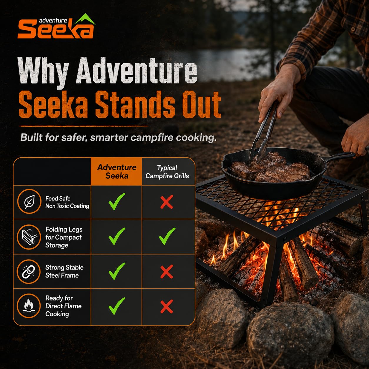 Adventure Seeka Folding Campfire Grill – Portable Over-Fire Grill with Food-Safe Coating, Heavy Duty Steel, Compact with Folding Legs - Camping, RV, Overlanding, Fire Pits