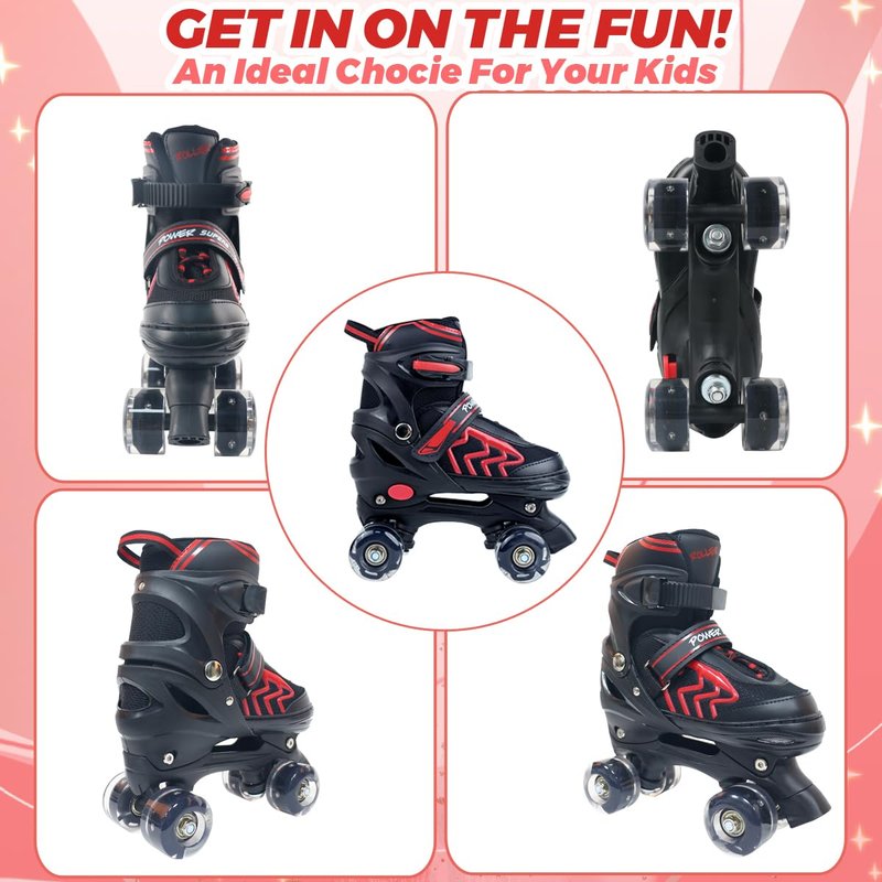 HXWY Kids Roller Skates for Boys Girls Child, Adjustable 4 Sizes Roller Skates for Kids and Youth with Light Up Wheels, Quad Black & Red Roller Skates for Sports (Youth 4-7)