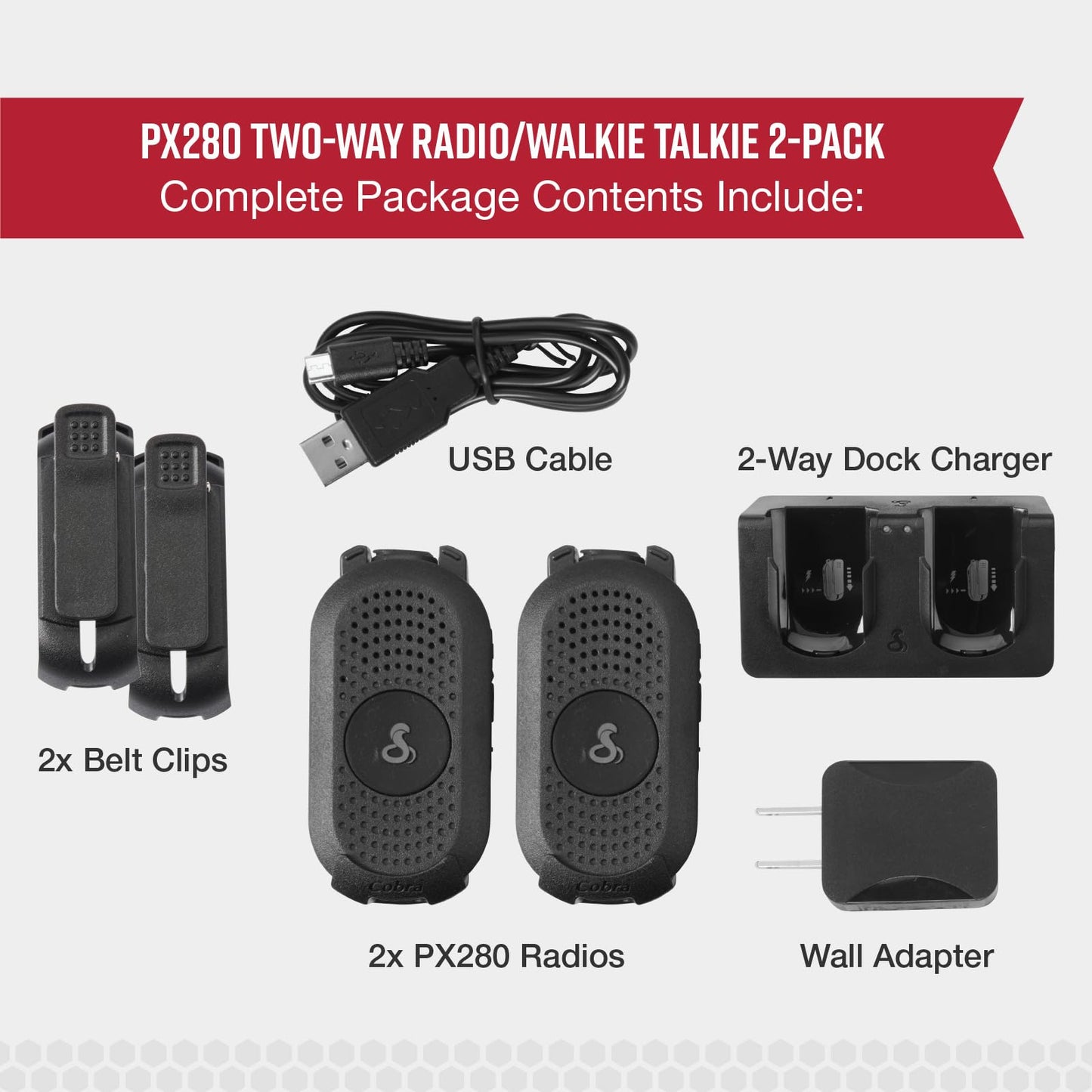 Cobra PX280 Compact Portable FRS Two-Way Radios - IP54 Certified Durability, Dock Charging, 12-Hour Battery Life, Compact Wearable Form Factor Professional Walkie Talkies for Business (2-Pack)