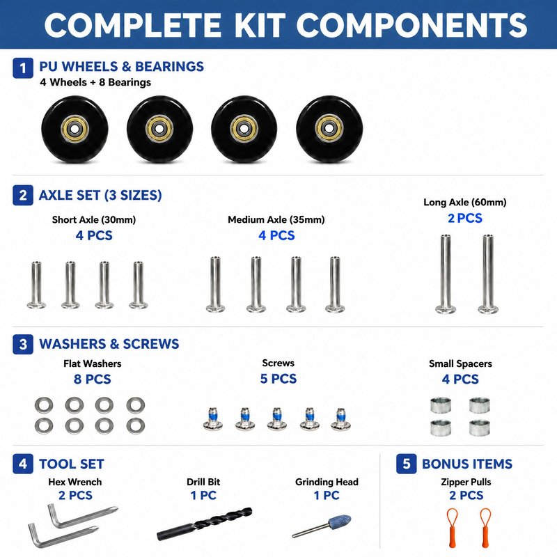 Luggage Wheels Replacement Kit 4PC 2Inch PU Wheels with ABEC-7 Ball Bearing Full Set Repair Tool for Suitcase Travel Box Inline Skate Hand Trolley