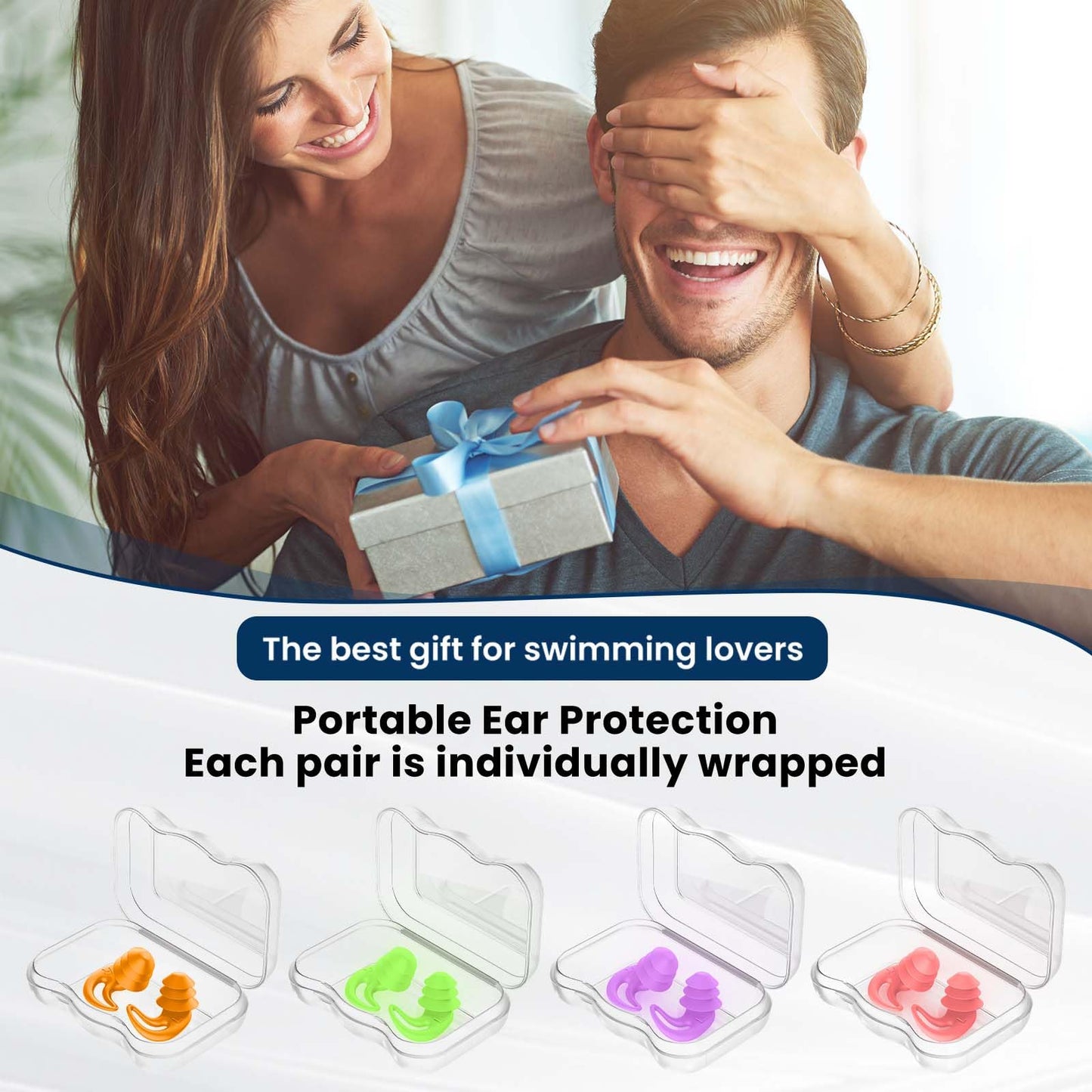 Waterproof Ear Plugs for Swimming Adults - 4 Pairs Reusable Silicone Ear Plugs for Women & Men, Keep Ear Water Out Swimming, Showering, Bathing, Surfing, Water Sports