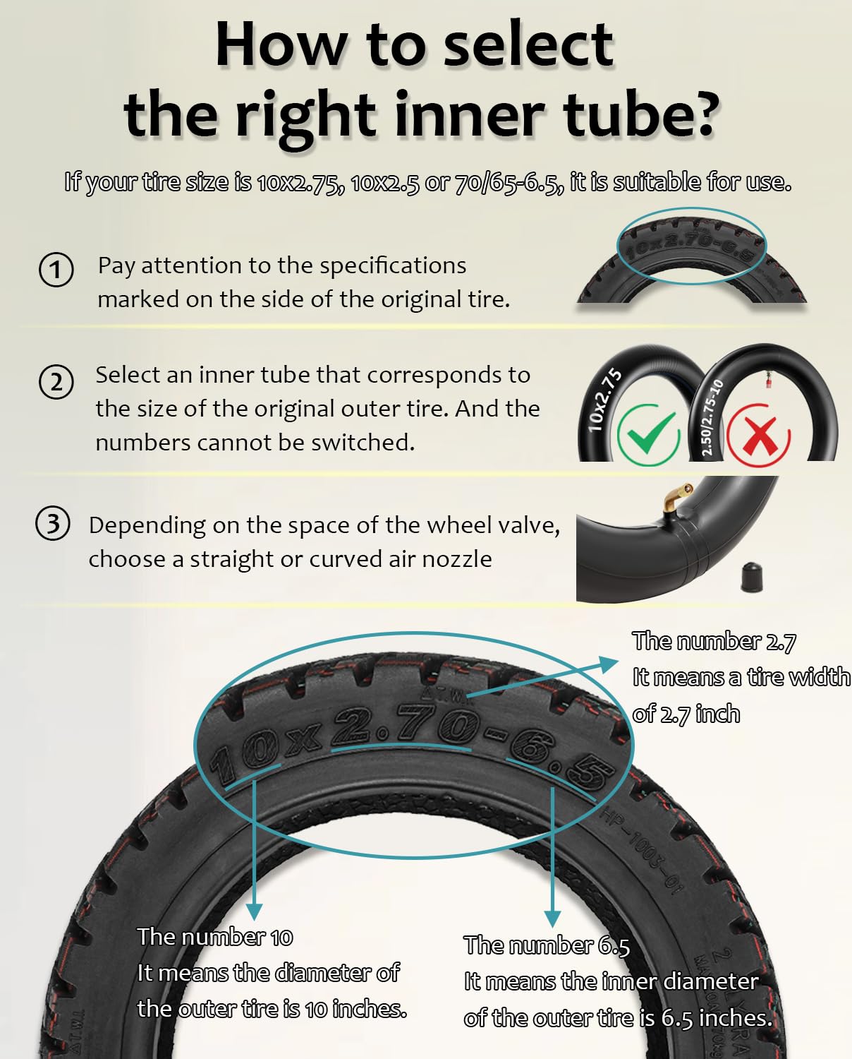 70/65-6.5 Tire Off Road, 10 Inch Heavy-Duty Tube, 10x2.75-6.5/ 10x2.70-6.5 Tube Fit for Hiboy Titan Pro/Max3~Hover-1 Alpha~Wheelspeed 1 Pro~JoyorY-S~Ninebot Max G2~Evercross Electric Scooter