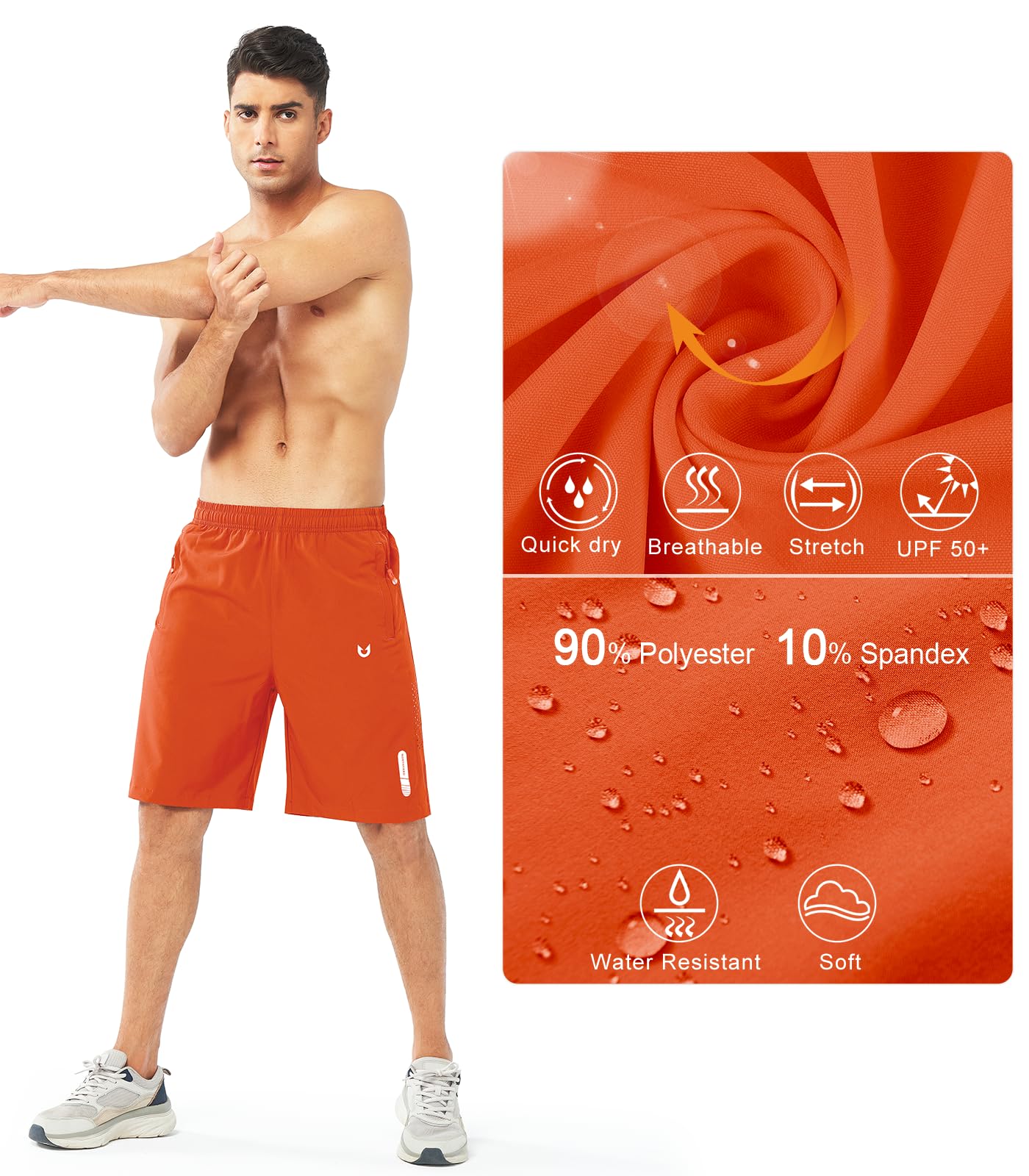 NORTHYARD Men's Athletic Running Shorts Gym Workout 7"/9"/5" Quick Dry Lightweight Sports Basketball Tennis 3 Zipper Pockets ORANGE-9inch S