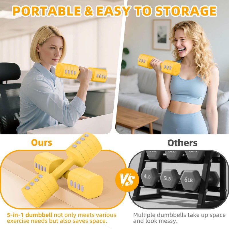 Hezeyferg Adjustable Dumbbell Set, Total 13.2LB Weights Dumbbell Set with Each 5 Levels 2.2lb/3.3lb/4.4lb/5.5lb/6.6lb, Hand Weights for Women/Men Home Office Gym Full-Body Workout (Yellow)