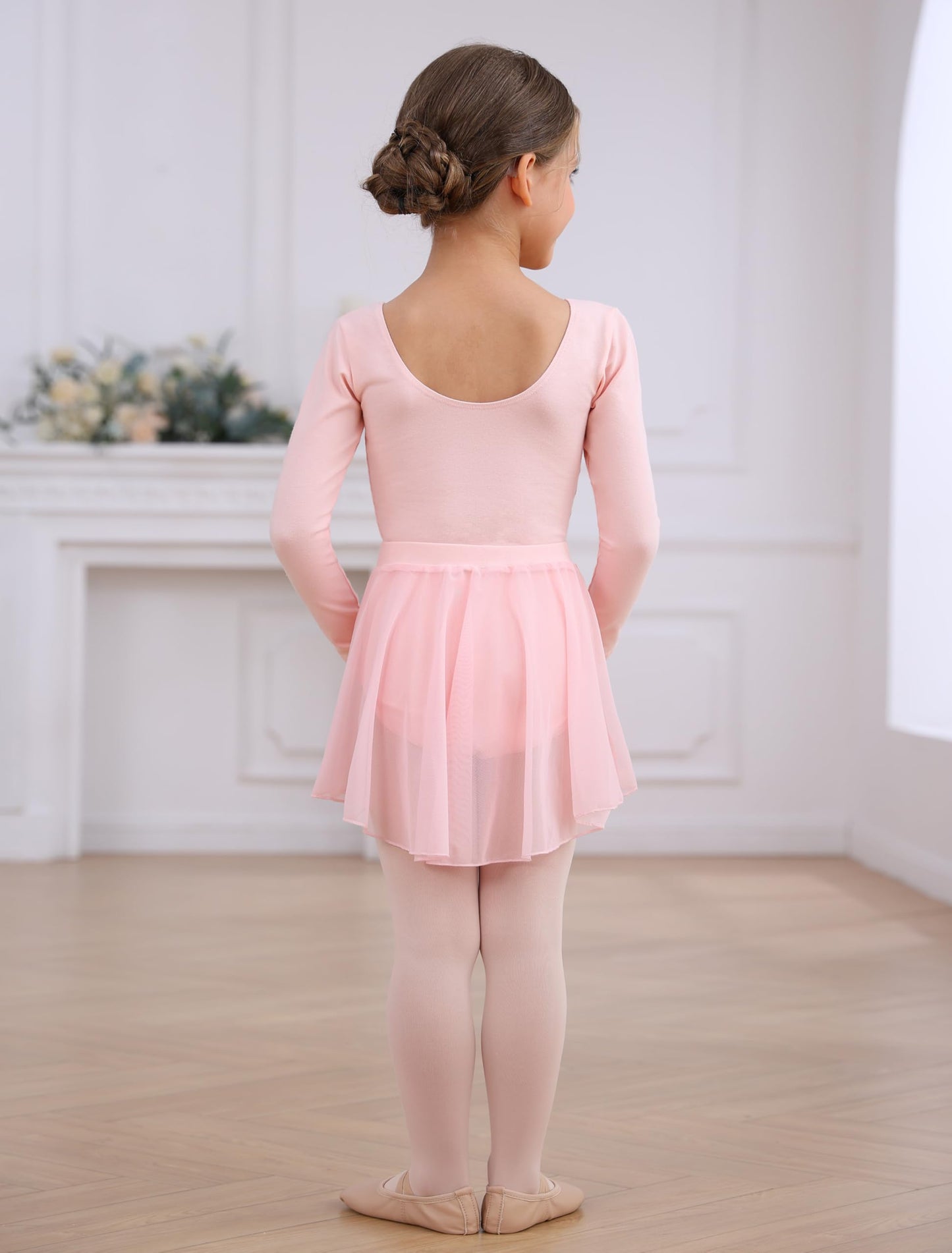 Mecceos Ballet Leotards with Skirt Tights Combo for Toddler Girls Dance Long Sleeve Leotard Ballerina Dresses Outfits (Ballet Pink, 8-10 Years, MEAM-322)