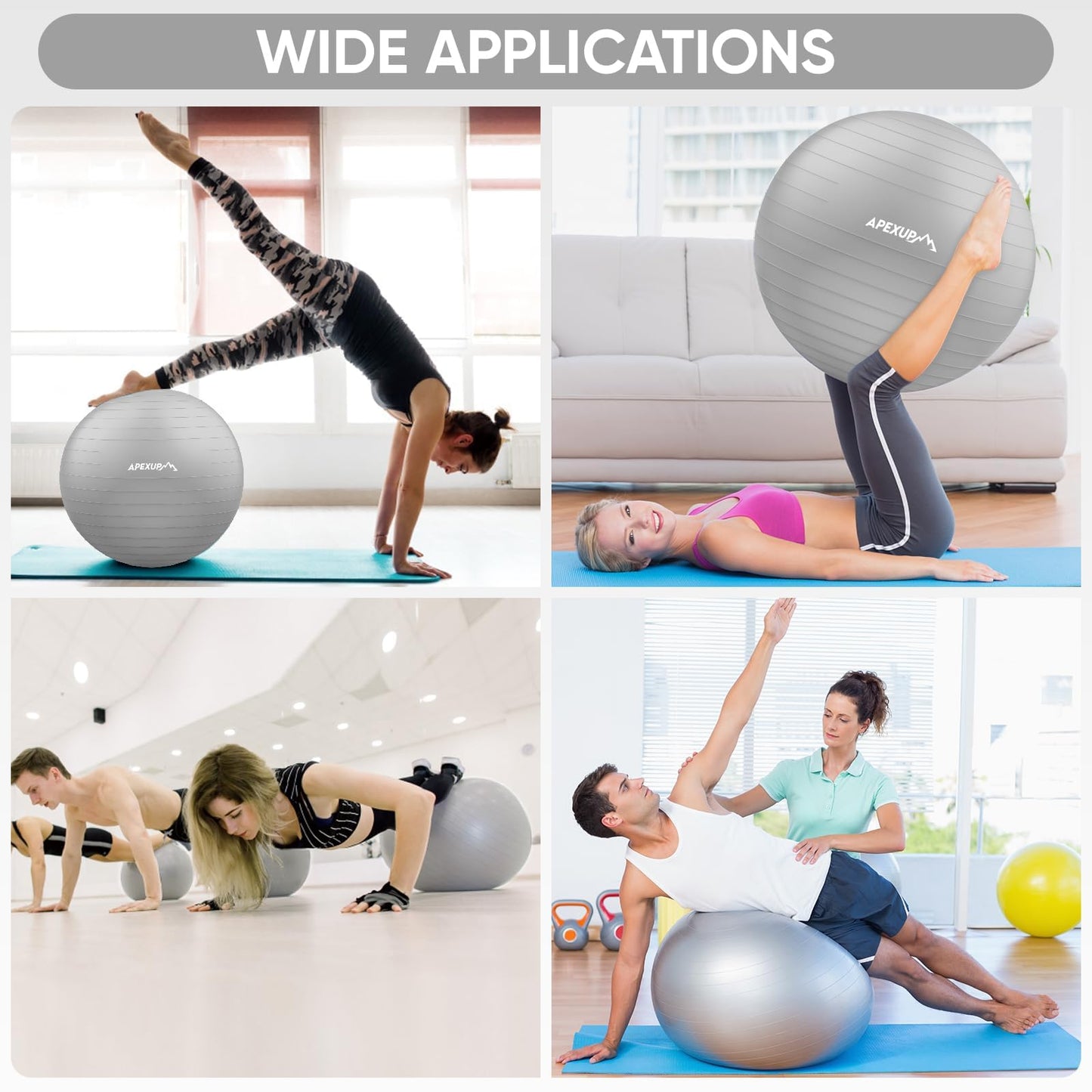 APEXUP Yoga Ball, 660 lbs Anti-Burst Exercise Ball with Pump, 5 Sizes (XL (27"~30") 75cm, Silver)