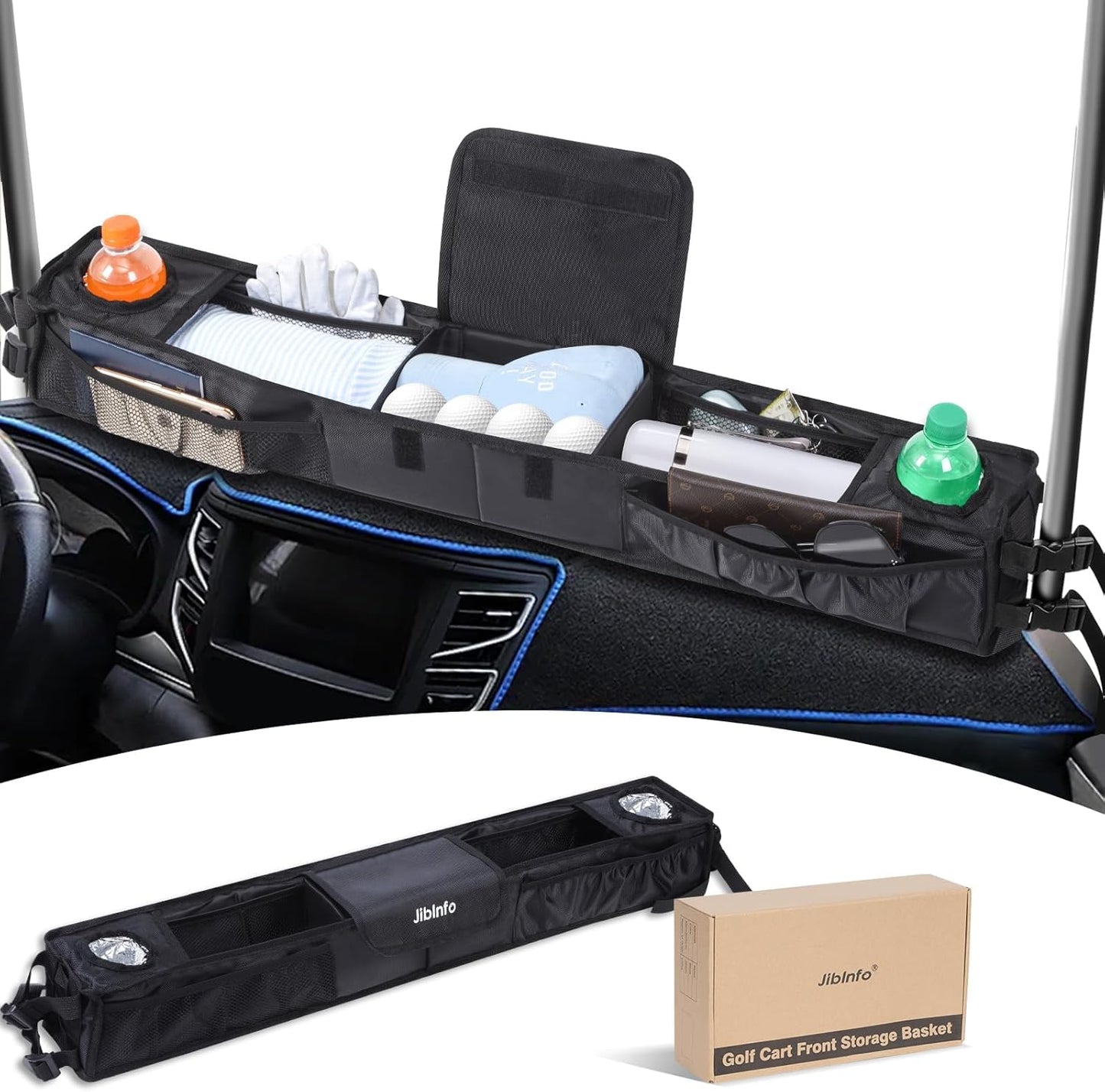 Upgraded Golf Cart Front Storage Basket with Insulated Cup Holders, No-Drilling Dash Tray Organizer Compatible with EZGO, Club Car, Kandi Electirc Golf Cart, 1680D Golf Cart Storage Organizer, Black