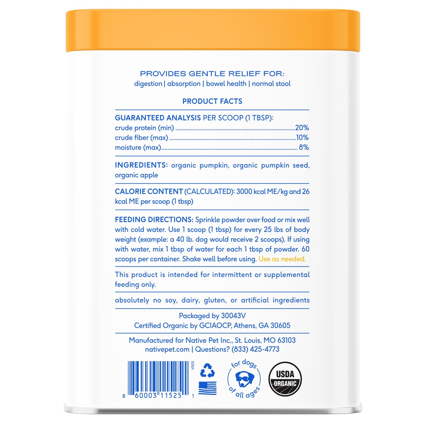 Native Pet Pumpkin for Dogs - Organic Dog Food Topper Powder - Promotes Firm Stools, Supports Digestive, Bowel Health & Nutrient Absorption - USDA Organic, Rich in Fiber with Real Pumpkin - 60 Scoops