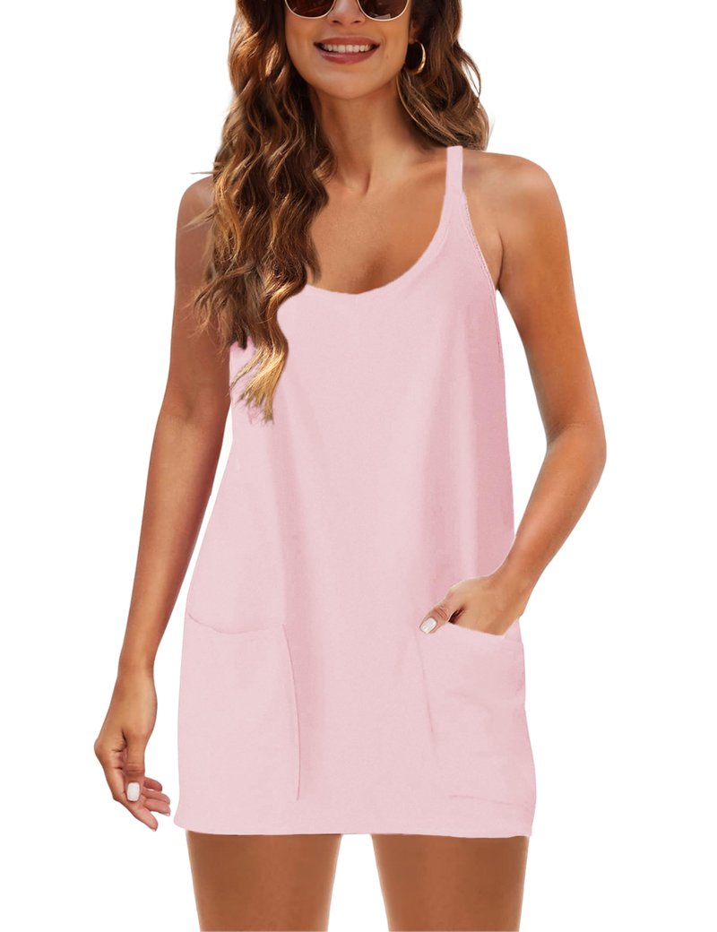 Lentta Womens Athletic Sleeveless Mini Dress with Built-in Shorts V Neck Spaghetti Strap Sundress(Pink-S)