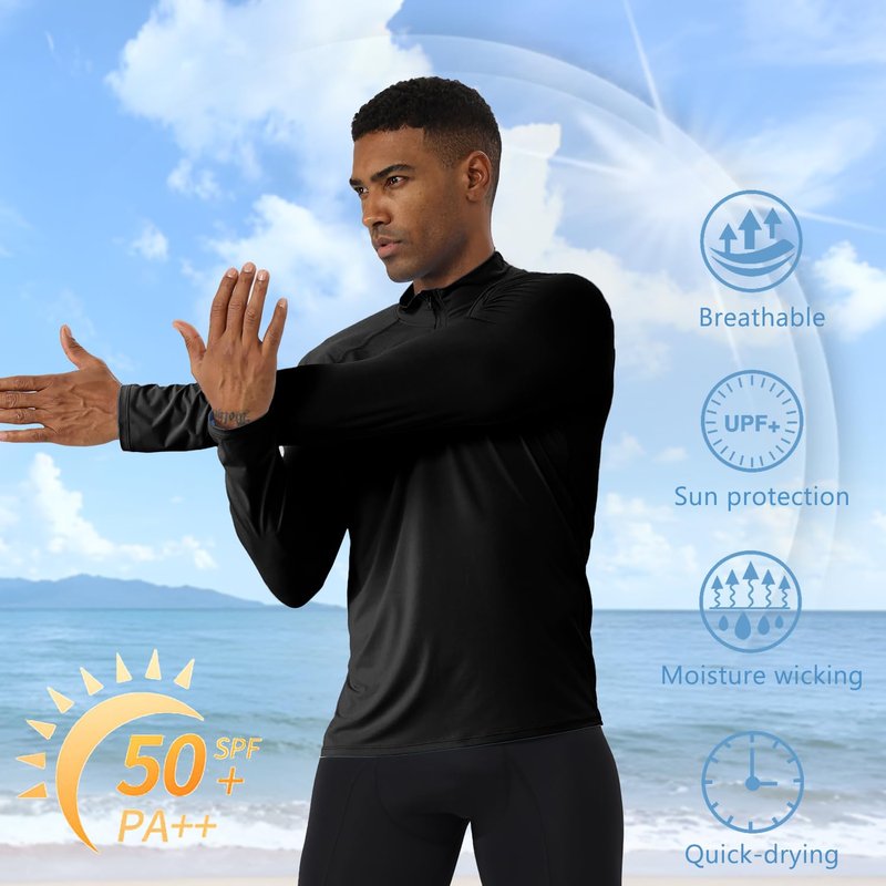 YEL Men's Long Sleeve Athletic Shirt 1/4 Pullover Zip Sun Protection Rash Guard UPF 50+ Golf Fishing Running T-Shirts Black