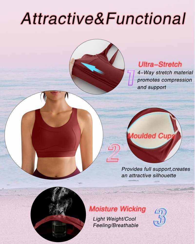 RUNNING GIRL High Impact Sports Bras for Women,Racerback Running Bra Workout Crop Tank Tops Longline Sports Bra Push up(WX2667 Winedred XXL)