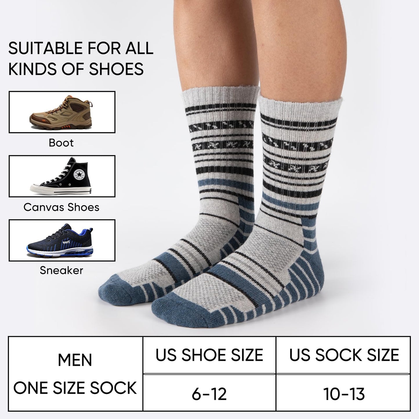 Bodvera Merino Wool Hiking Socks for Men Moisture Wicking Cushion Thermal Warm Winter Crew Outdoor Boot Socks(5 Pairs)