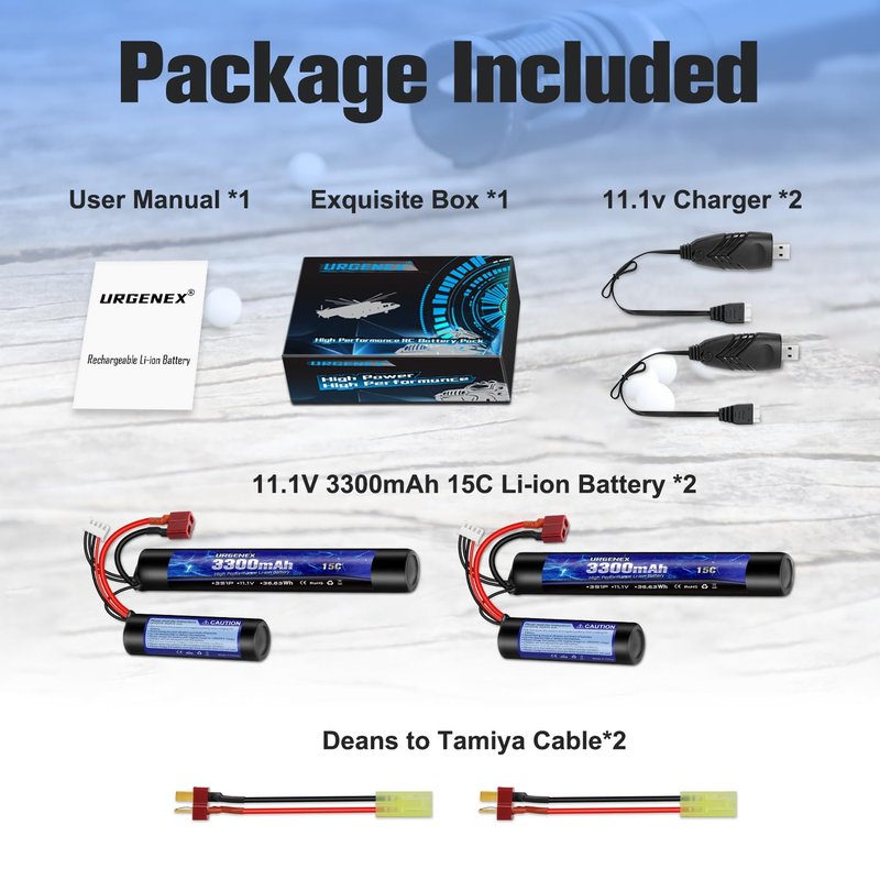 URGENEX Airsoft Battery 3300mAh High Capacity 11.1V Nunchuck RC Battery with Dean-Style T Plug & Mini Tamiya Cable 3S Butterfly Stick Airsoft Li-Ion Fit for aeG AK47 M4 MP5 and Most Airsoft Gun Rifle