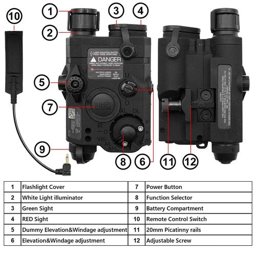 Zhongren Airsoft Tactical 3 in 1 PEQ 15 IR Laser White LED Flashlight + Red/Green Laser Sight for AEG GBB CQB for Outdoor Paintball Hunting (Black)