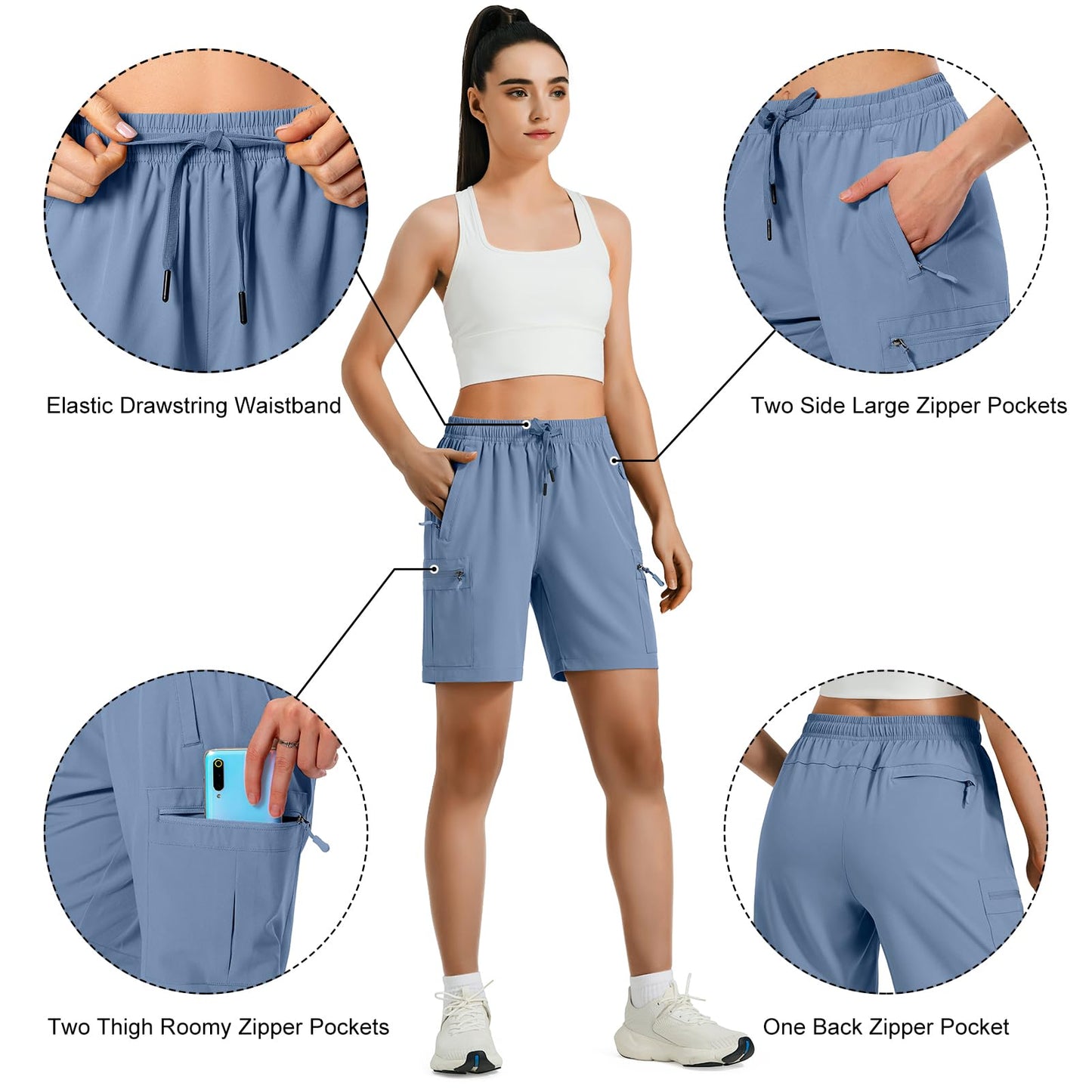 Hugut Women's Lightweight Hiking Cargo Shorts Quick Dry Athletic Shorts Camping Travel Golf Zipper Pockets Water Resistant Stone Blue