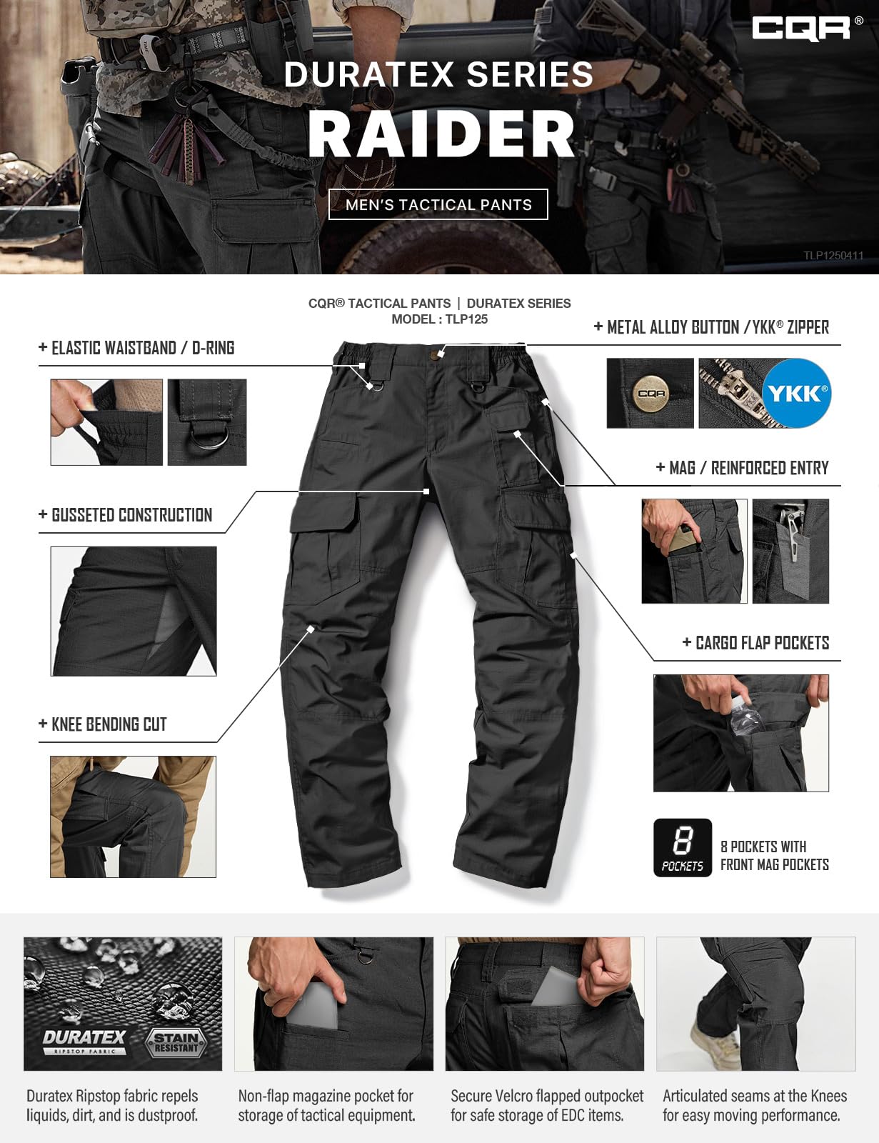 CQR Men's Tactical Pants, Water Resistant Ripstop Cargo Pants, Lightweight EDC Work Hiking Pants, Outdoor Apparel, Duratex Mag Pocket Black, 36W x 30L