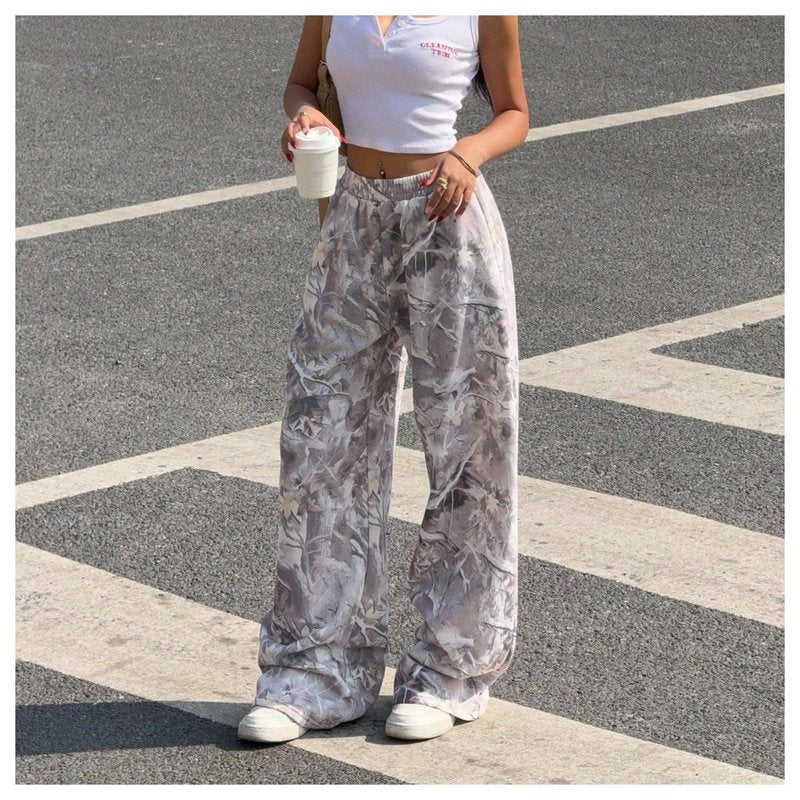 RoseSeek Women's Y2K Camo Maple Leaf Print Sweatpants Baggy Hip Pop Elastic Waist Long Pants Streetwear Multicolor X-Large