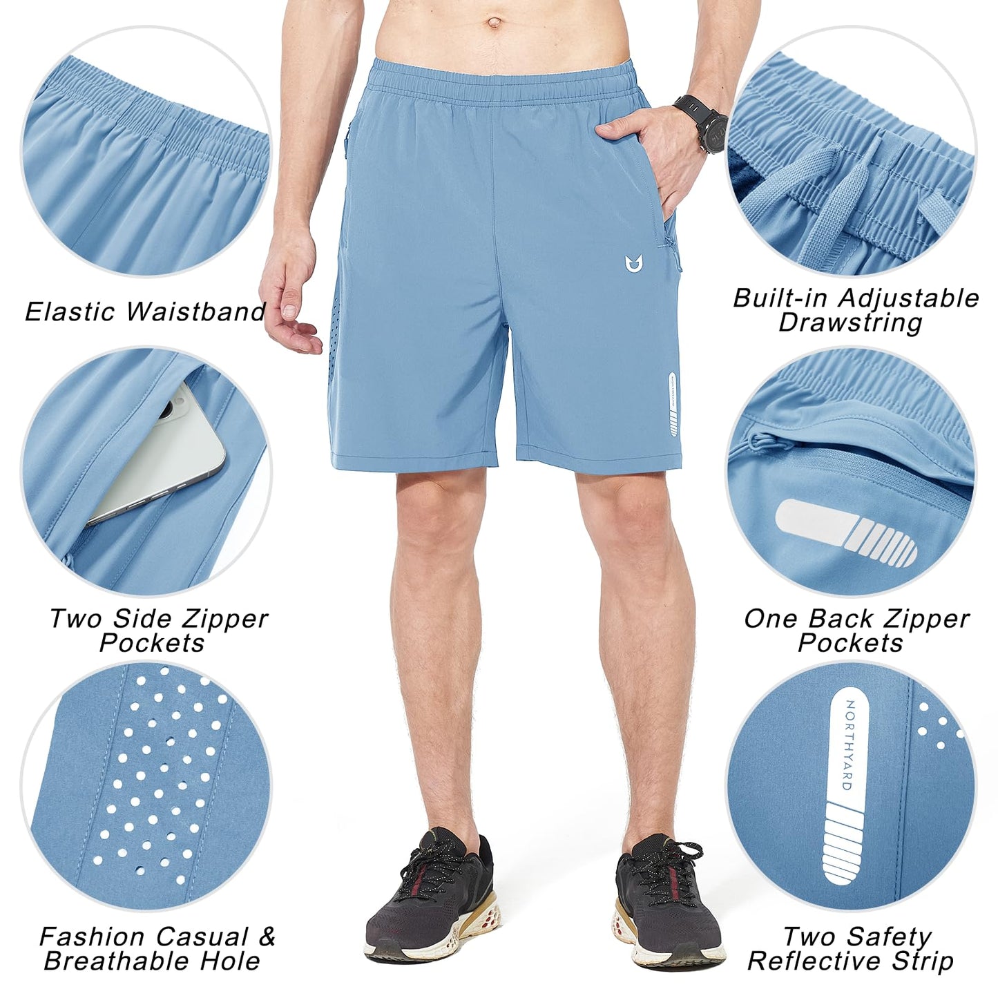 NORTHYARD Men's Athletic Running Shorts Gym Workout 7"/9"/5" Quick Dry Lightweight Sports Basketball Tennis 3 Zipper Pockets SkyBlue 4XL