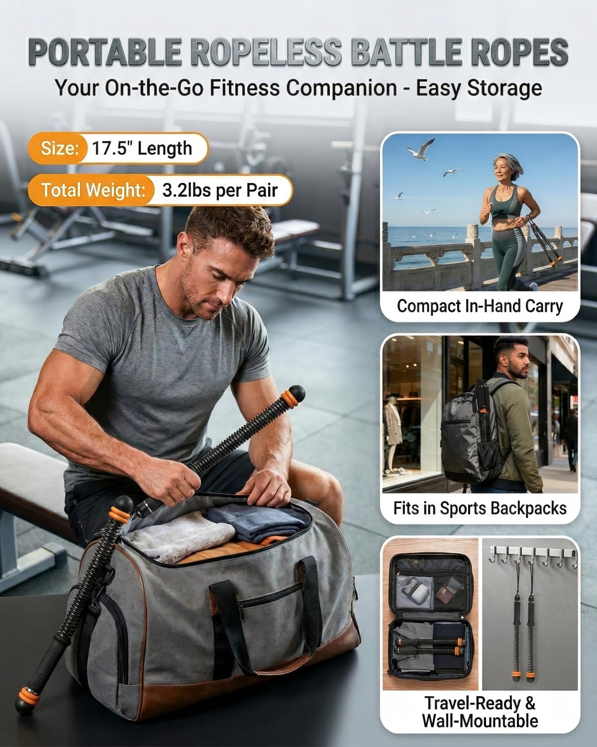Ropeless Battle Ropes - 2 PCS Portable Cordless Set with Non-Slip Handles | Low-Noise HIIT & Strength Training Equipment for Home Gym