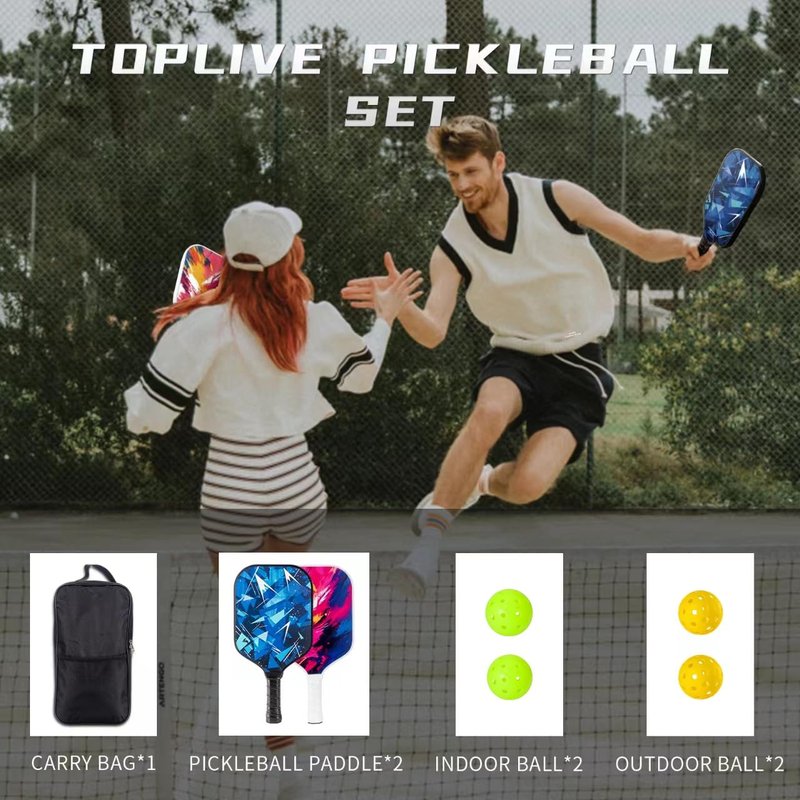 Toplive Pickleball Paddles, Pickleball Paddles Set of 2, Fiberglass Pickleball Rackets Lightweight, Indoor & Outdoor Pickleball Ball & Carry Storage Bag, Gift for Beginner Pickleball Lover