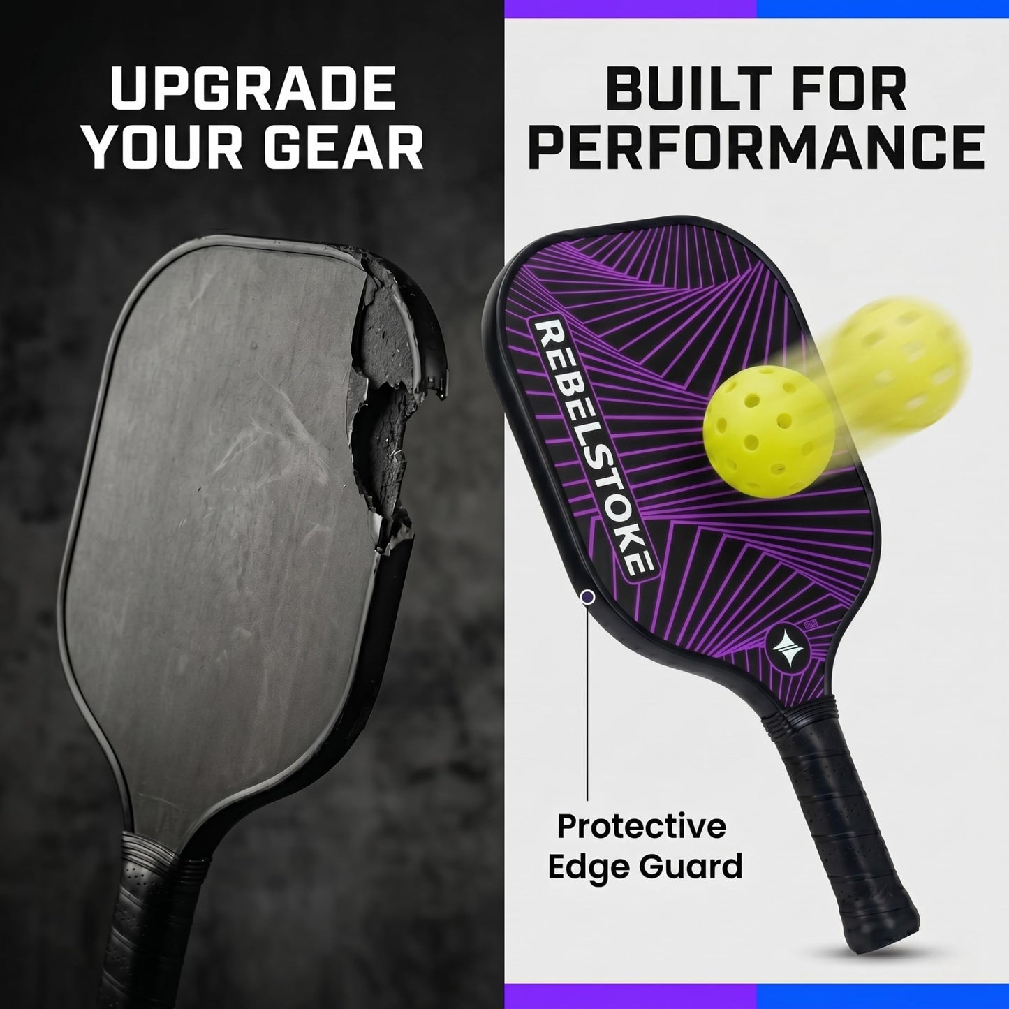 REBELSTOKE Pickleball Paddles Set of 4 – Premium Fiberglass Paddle Set with 14mm Polypropylene Honeycomb Core – Complete Bundle with 8 Indoor/Outdoor Balls & Carry Bag – for Beginners to Advanced