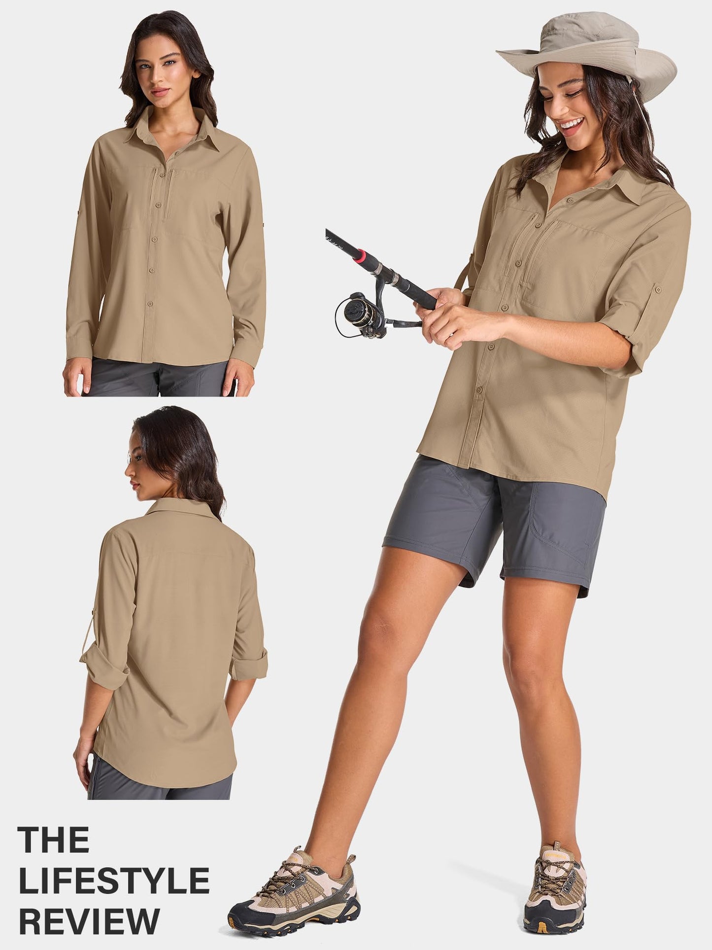 Women's UPF 50 Long Sleeve Sun Shirt - Safari & Hiking Quick-Dry UV Protection Button-Up Travel Shirt for Fishing,Gardening,Africa,5087,Gravel Brown,L