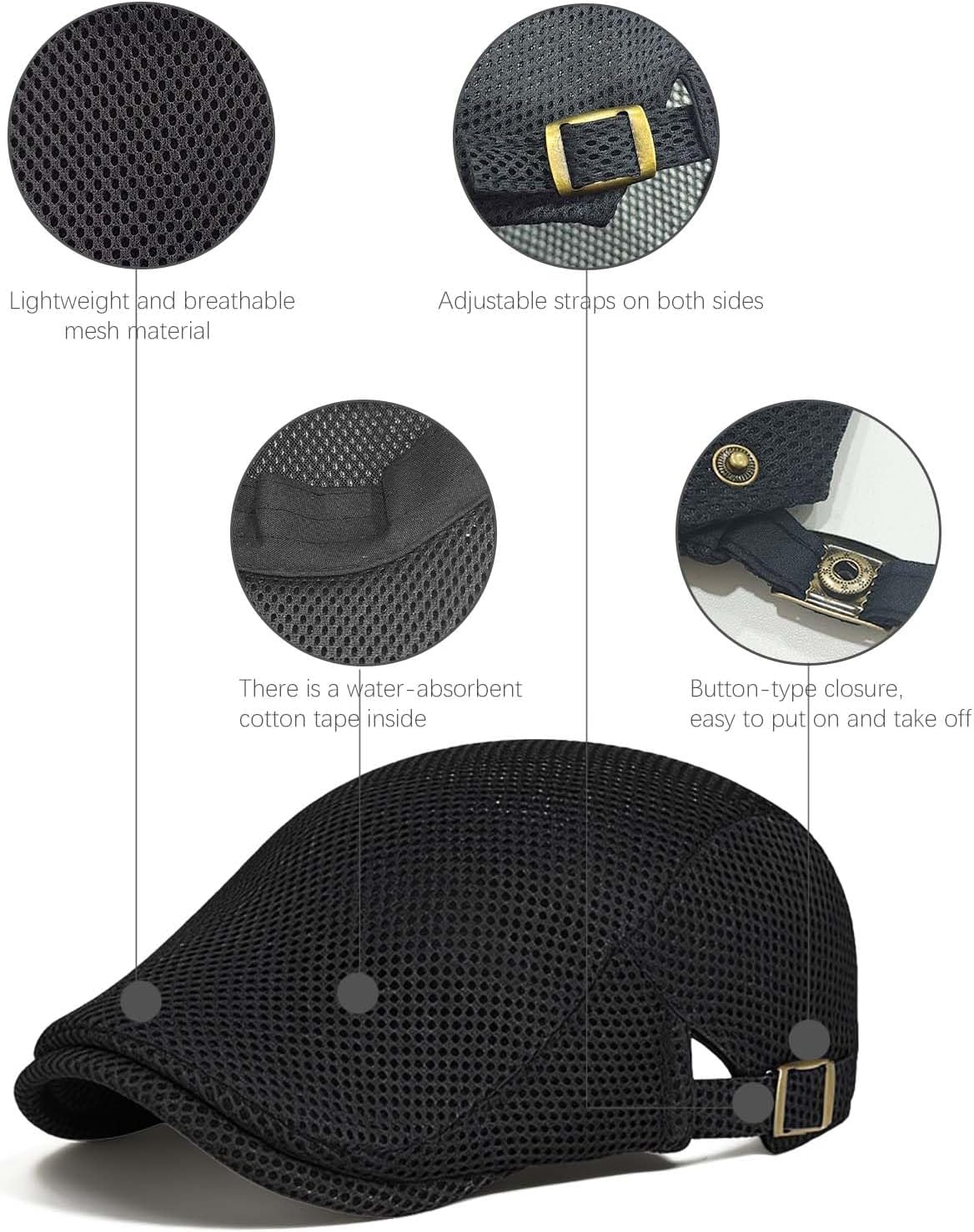 Men's Flat Caps - Adjustable Breathable Mesh Newsboy Beret | 2-Pack Irish Cabbie Hats