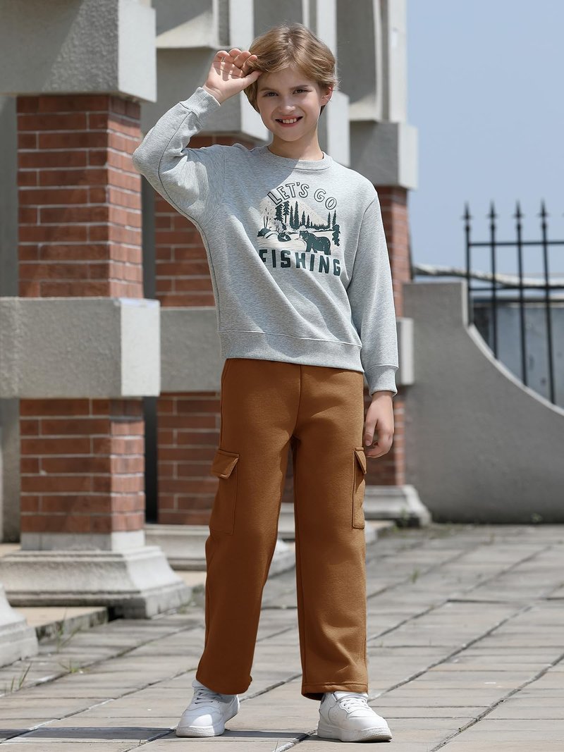 Haloumoning Boys Fleece Cargo Sweatpants Kids Athletic Wide Leg Joggers with Open Bottom and Drawstring & Pockets Brown