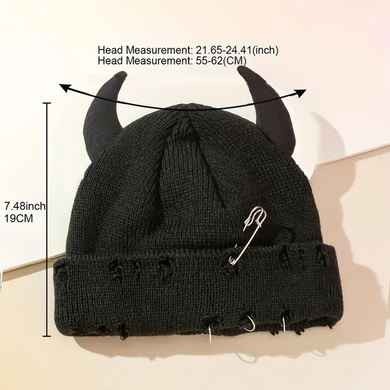 Gothic Devil Horn Knitted Beanies for Women Men Y2K Funny Crochet Skull Hat Warm Winter Cap Halloween Accessories (Black,One Size)