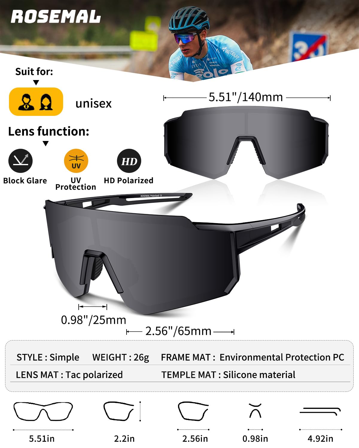 Rosemal Polarized Sports Sunglasses for Men Women Youth Baseball Running Cycling Driving Fishing Tennis Golf Motor TAC UV400 TR90