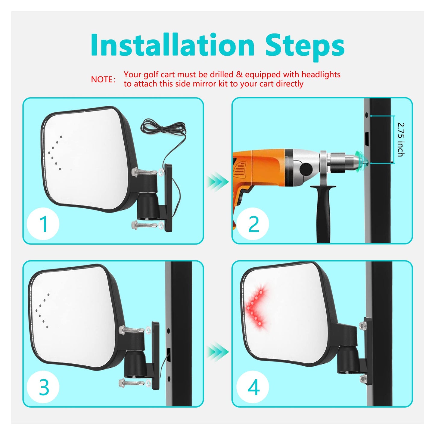 10L0L Golf Cart Side Mirrors with LED Turn Signal Blinker Light Connected to Headlight Kit, Rear View Mirror Universal for Yamaha EZGO Club Car Models
